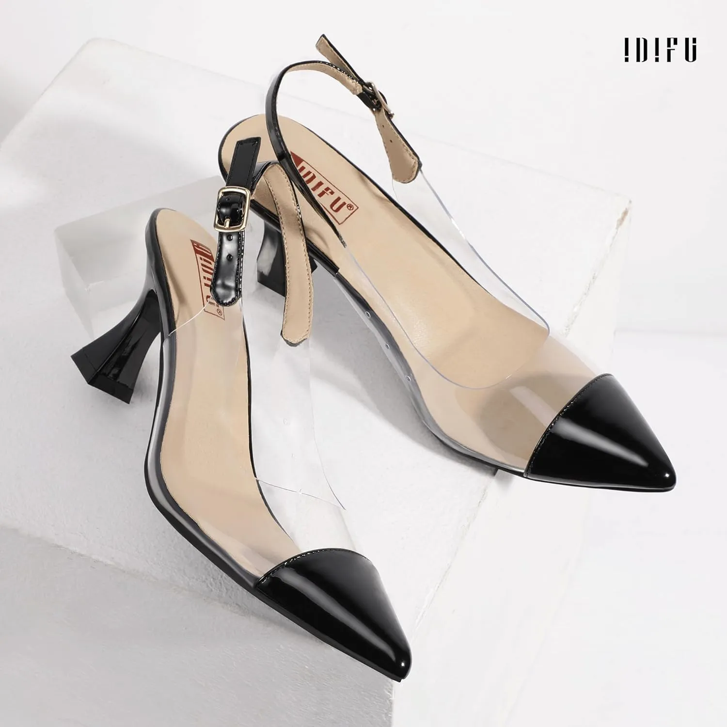IDIFU IN3 Clear Kitten Heels Women's Pumps Closed Pointed Toe Slingback Low Short Heels Dress Shoes for Women Wedding Bridal Bridesmaid Prom Party Sexy Dressy Cute Trendy Pumps Shoes
