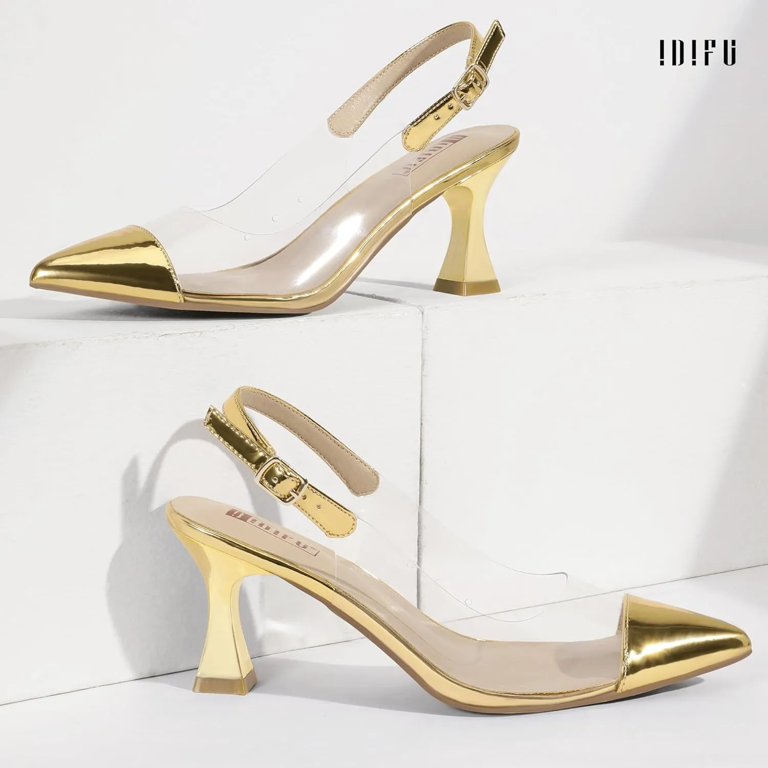 IDIFU IN3 Clear Kitten Heels Women's Pumps Closed Pointed Toe Slingback Low Short Heels Dress Shoes for Women Wedding Bridal Bridesmaid Prom Party Sexy Dressy Cute Trendy Pumps Shoes