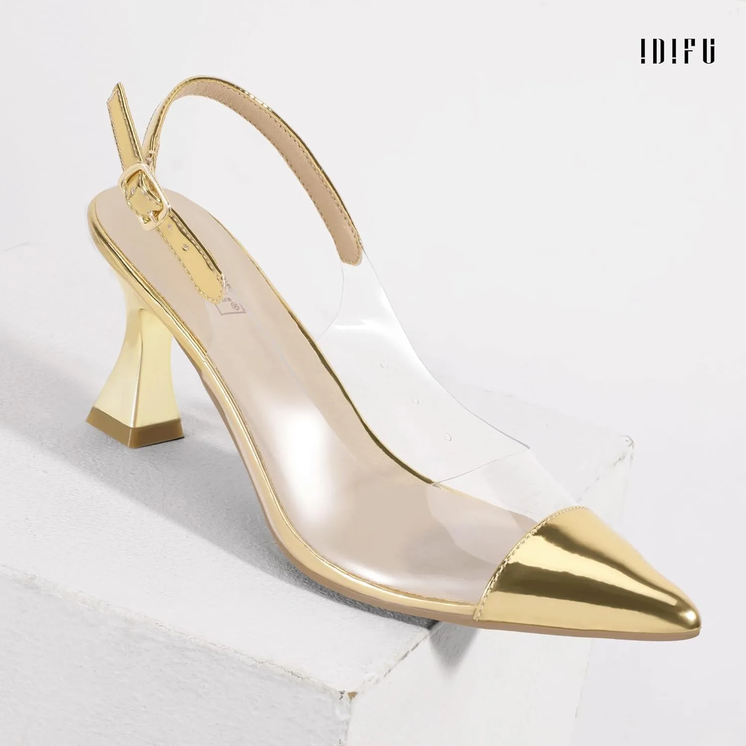 IDIFU IN3 Clear Kitten Heels Women's Pumps Closed Pointed Toe Slingback Low Short Heels Dress Shoes for Women Wedding Bridal Bridesmaid Prom Party Sexy Dressy Cute Trendy Pumps Shoes