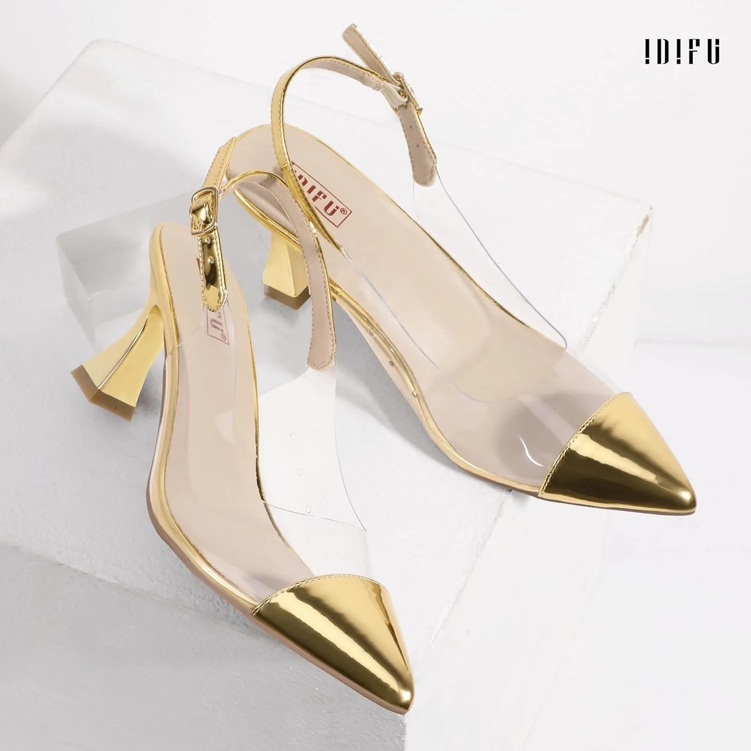 IDIFU IN3 Clear Kitten Heels Women's Pumps Closed Pointed Toe Slingback Low Short Heels Dress Shoes for Women Wedding Bridal Bridesmaid Prom Party Sexy Dressy Cute Trendy Pumps Shoes
