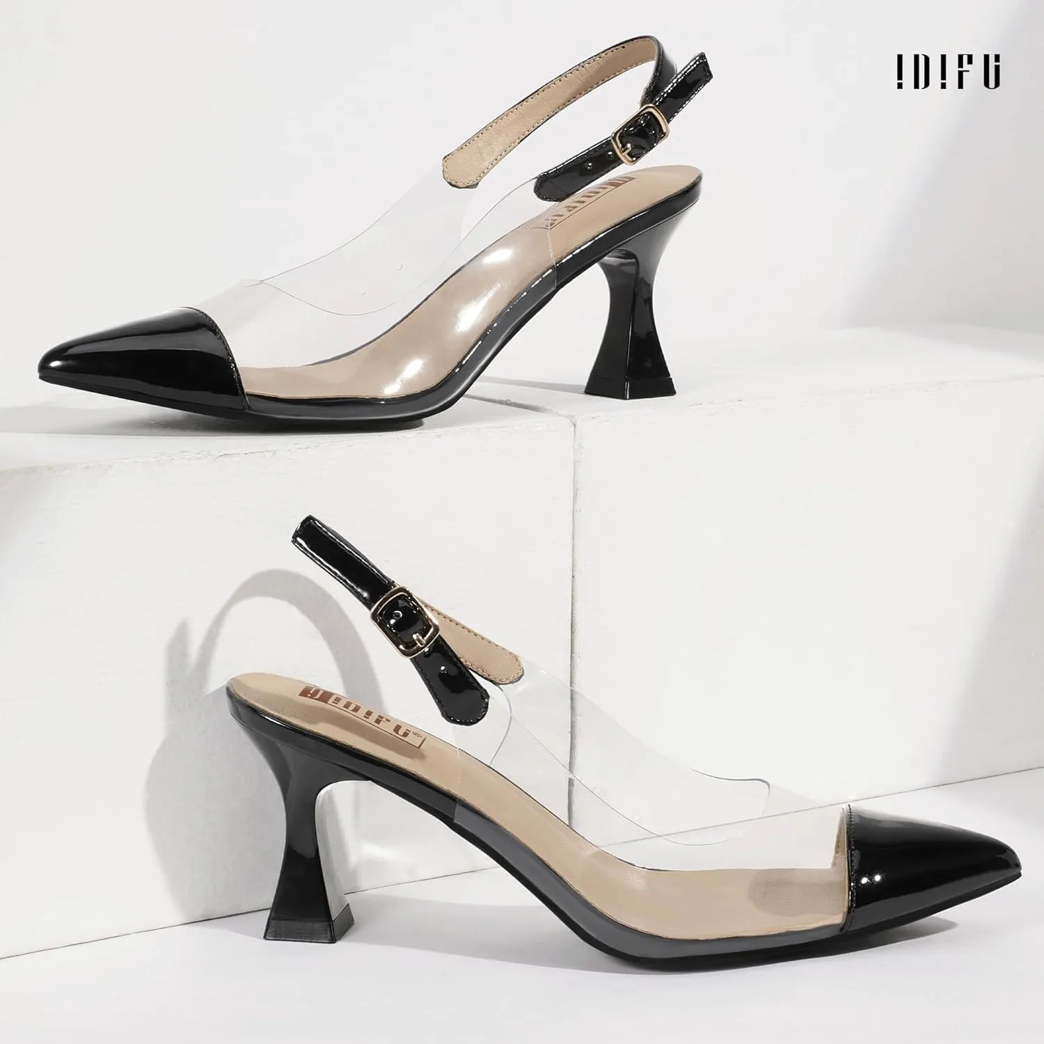 IDIFU IN3 Clear Kitten Heels Women's Pumps Closed Pointed Toe Slingback Low Short Heels Dress Shoes for Women Wedding Bridal Bridesmaid Prom Party Sexy Dressy Cute Trendy Pumps Shoes