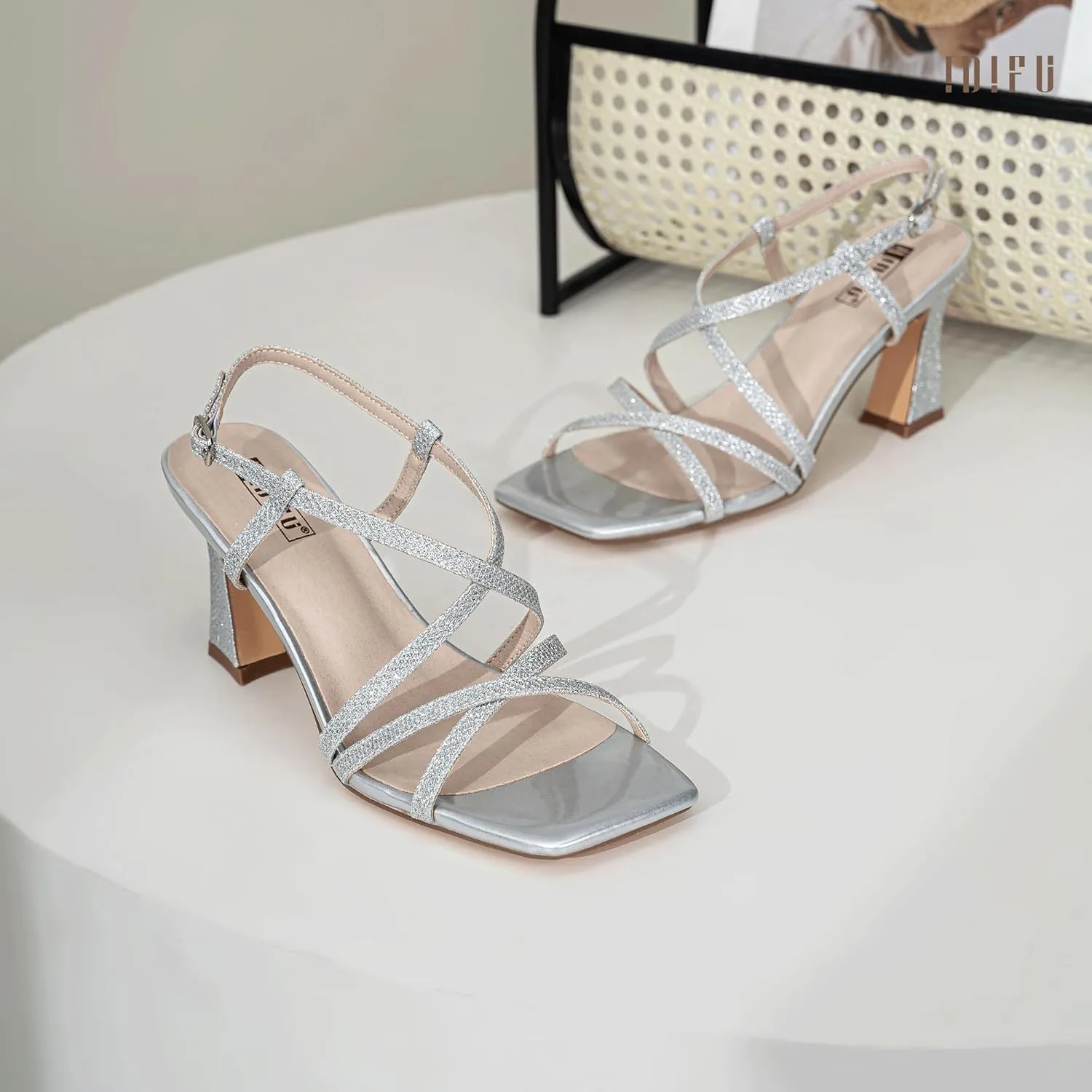 IDIFU IN3 Strappy Heels for Women Low Block Chunky Square Open Toe Kitten Heels Slingback Ankle Strap Dressy Wedding Bride Daily Party Comfortable Sexy Dress Shoes