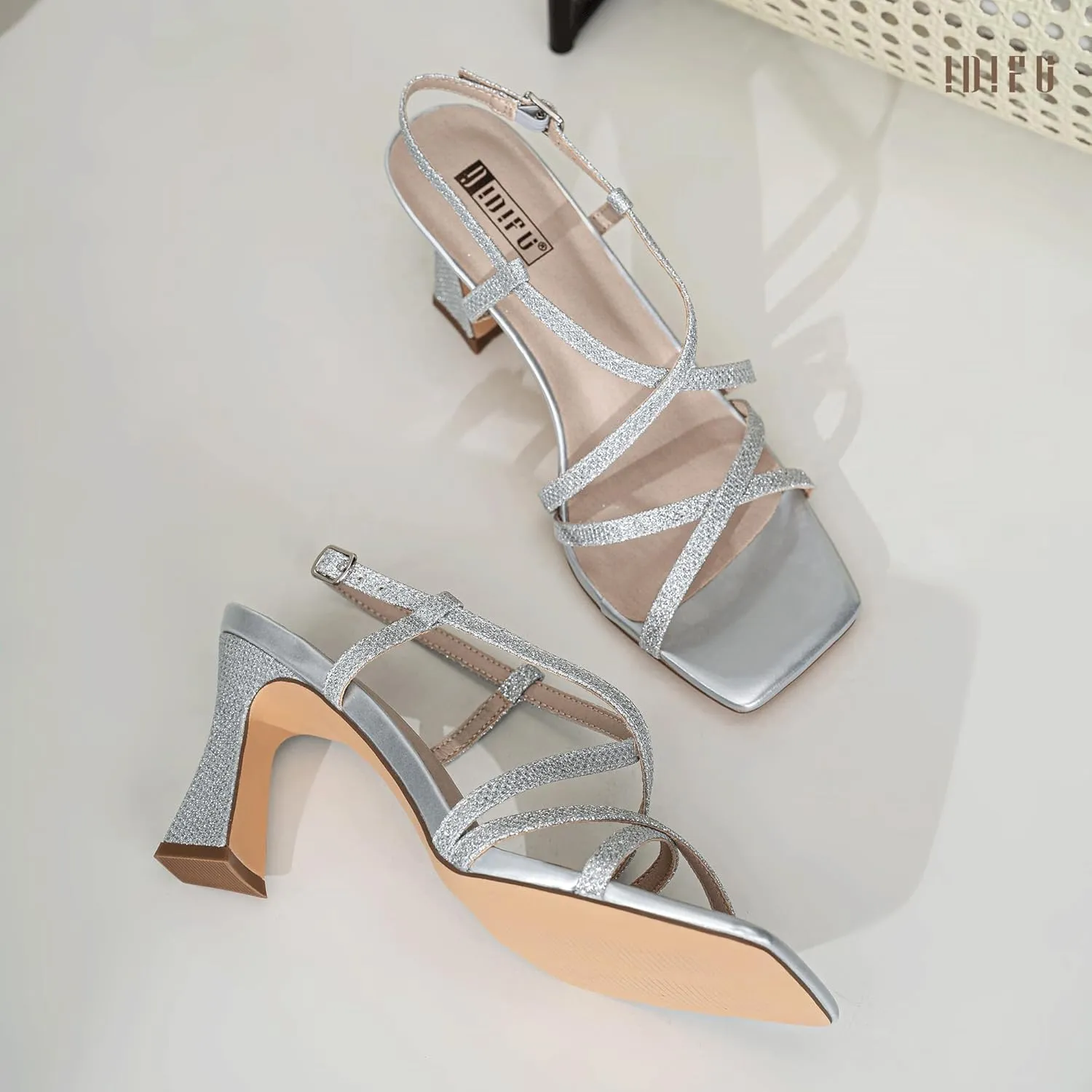IDIFU IN3 Strappy Heels for Women Low Block Chunky Square Open Toe Kitten Heels Slingback Ankle Strap Dressy Wedding Bride Daily Party Comfortable Sexy Dress Shoes