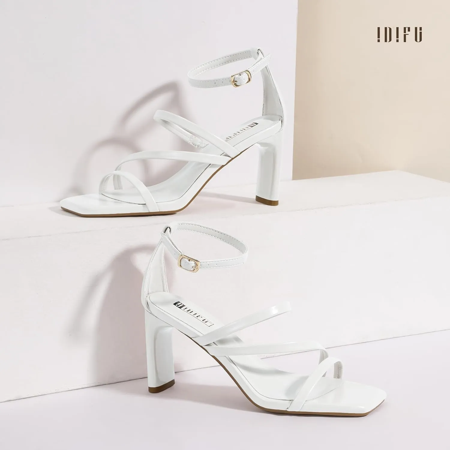 IDIFU IN3 Strappy Heels for Women Low Chunky Block Square Open Toe Heeled Sandals Wedding Bridal Bride Prom Party Dress Shoes Comfortable Dressy Formal Cute Ankle Strap Thick Heels