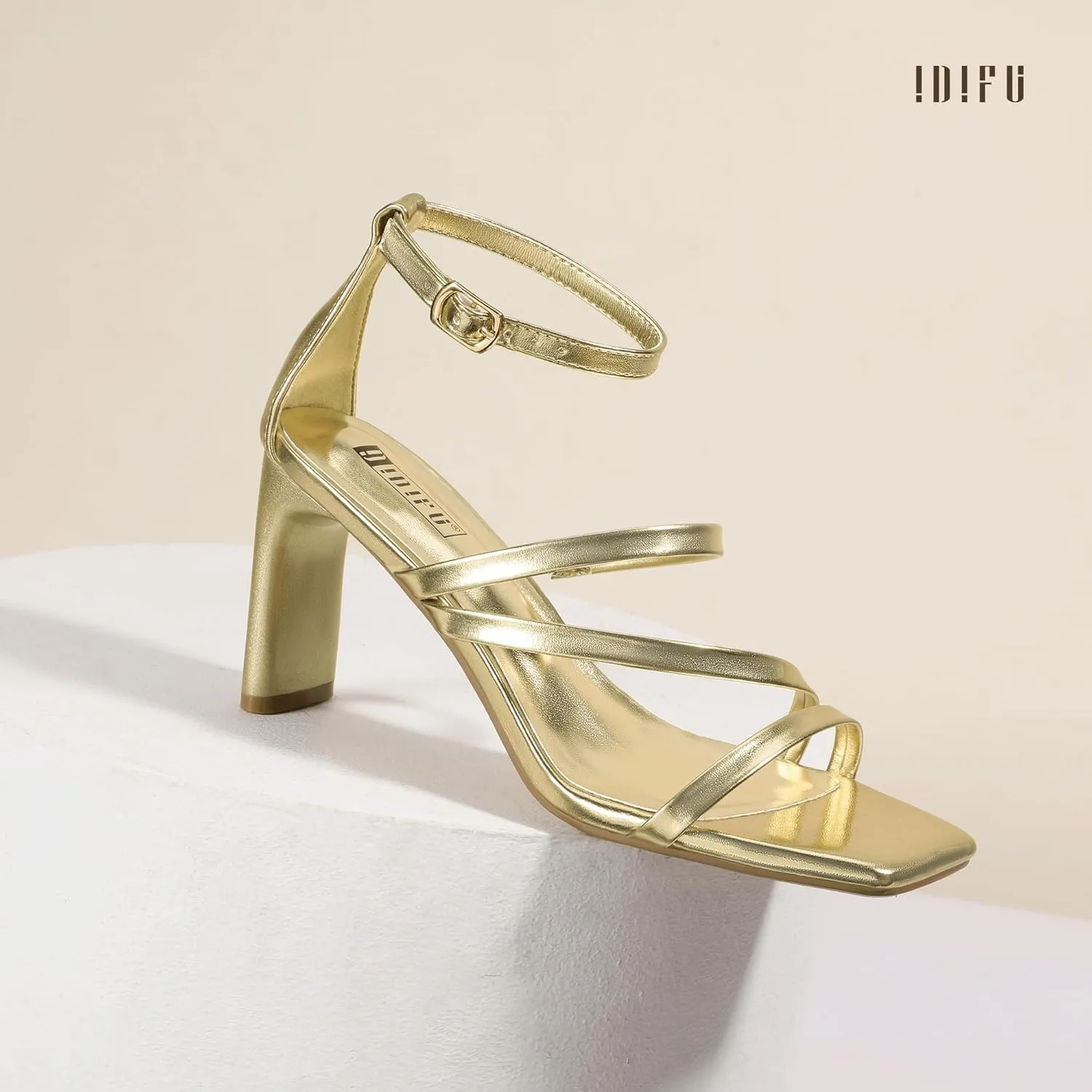 IDIFU IN3 Strappy Heels for Women Low Chunky Block Square Open Toe Heeled Sandals Wedding Bridal Bride Prom Party Dress Shoes Comfortable Dressy Formal Cute Ankle Strap Thick Heels