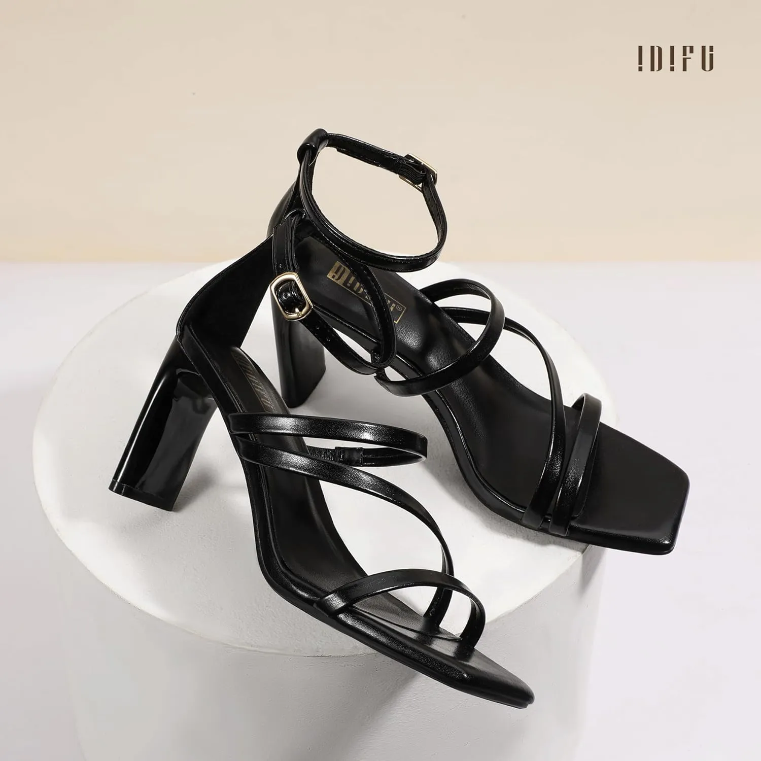 IDIFU IN3 Strappy Heels for Women Low Chunky Block Square Open Toe Heeled Sandals Wedding Bridal Bride Prom Party Dress Shoes Comfortable Dressy Formal Cute Ankle Strap Thick Heels