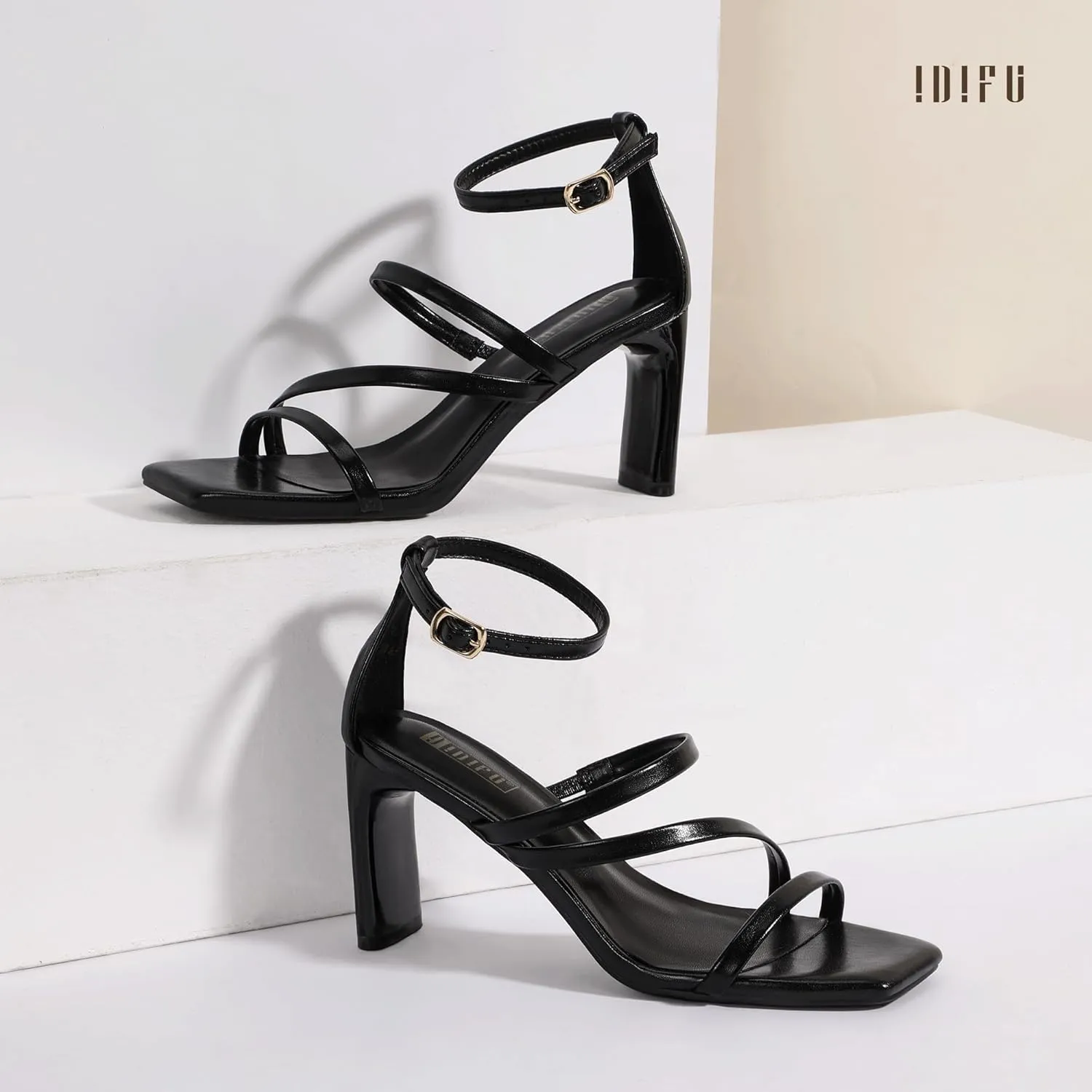 IDIFU IN3 Strappy Heels for Women Low Chunky Block Square Open Toe Heeled Sandals Wedding Bridal Bride Prom Party Dress Shoes Comfortable Dressy Formal Cute Ankle Strap Thick Heels