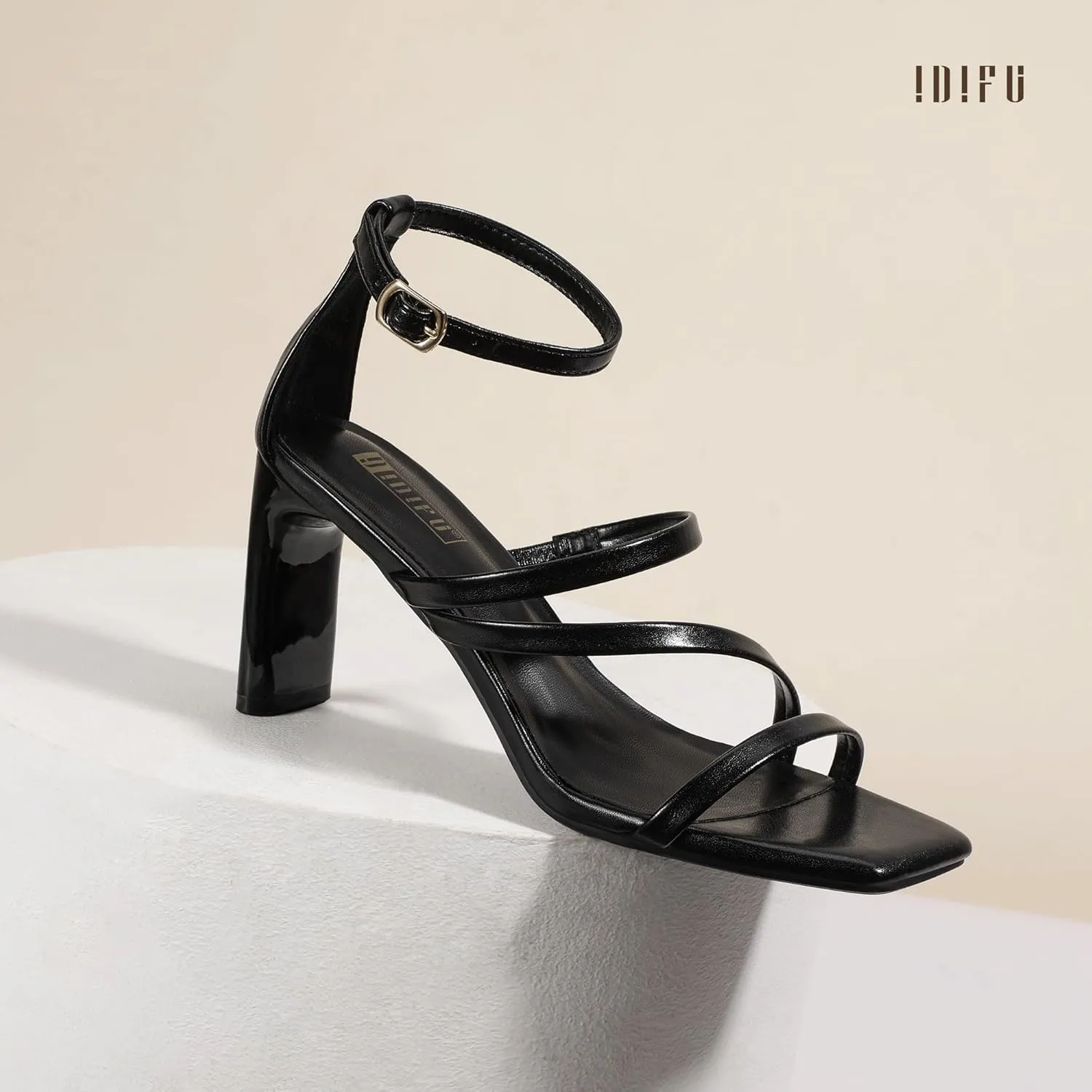 IDIFU IN3 Strappy Heels for Women Low Chunky Block Square Open Toe Heeled Sandals Wedding Bridal Bride Prom Party Dress Shoes Comfortable Dressy Formal Cute Ankle Strap Thick Heels