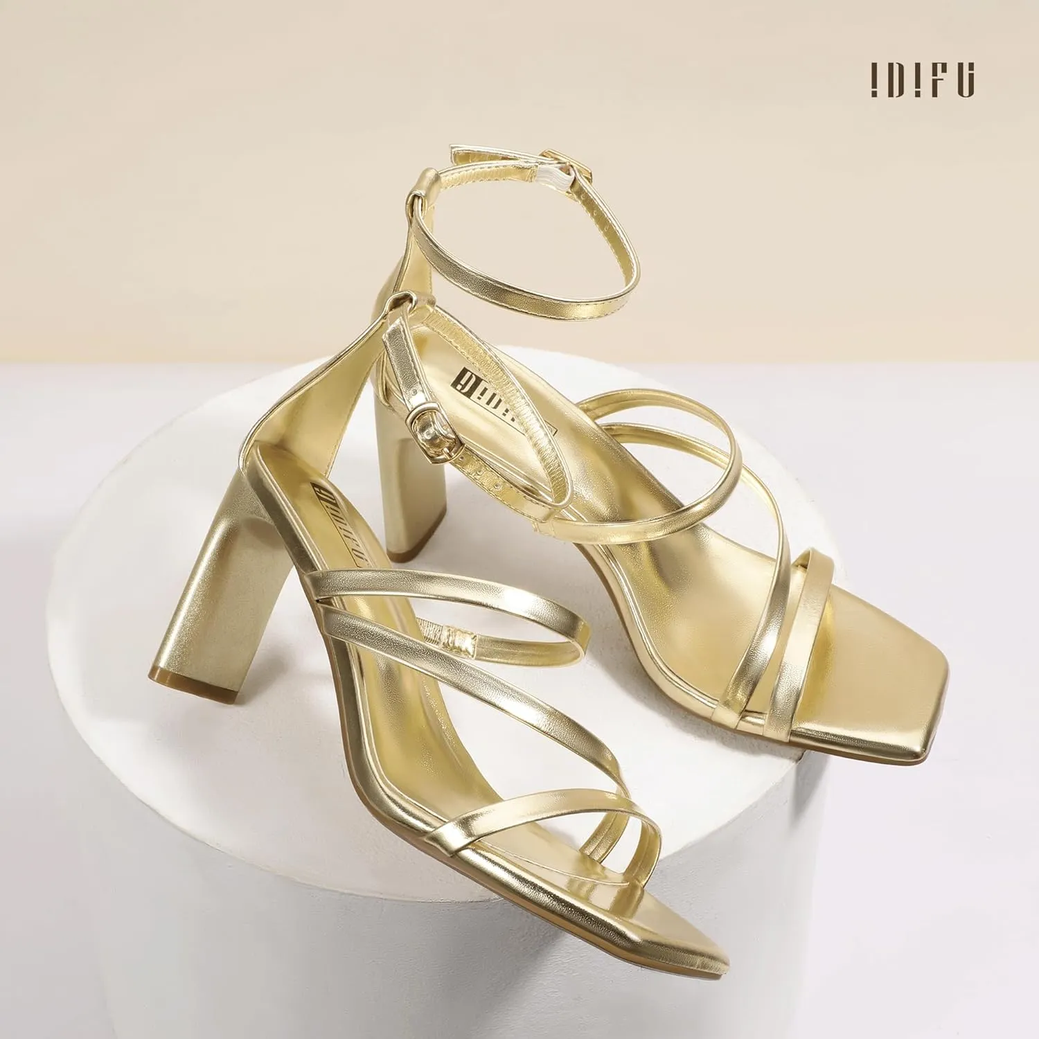 IDIFU IN3 Strappy Heels for Women Low Chunky Block Square Open Toe Heeled Sandals Wedding Bridal Bride Prom Party Dress Shoes Comfortable Dressy Formal Cute Ankle Strap Thick Heels