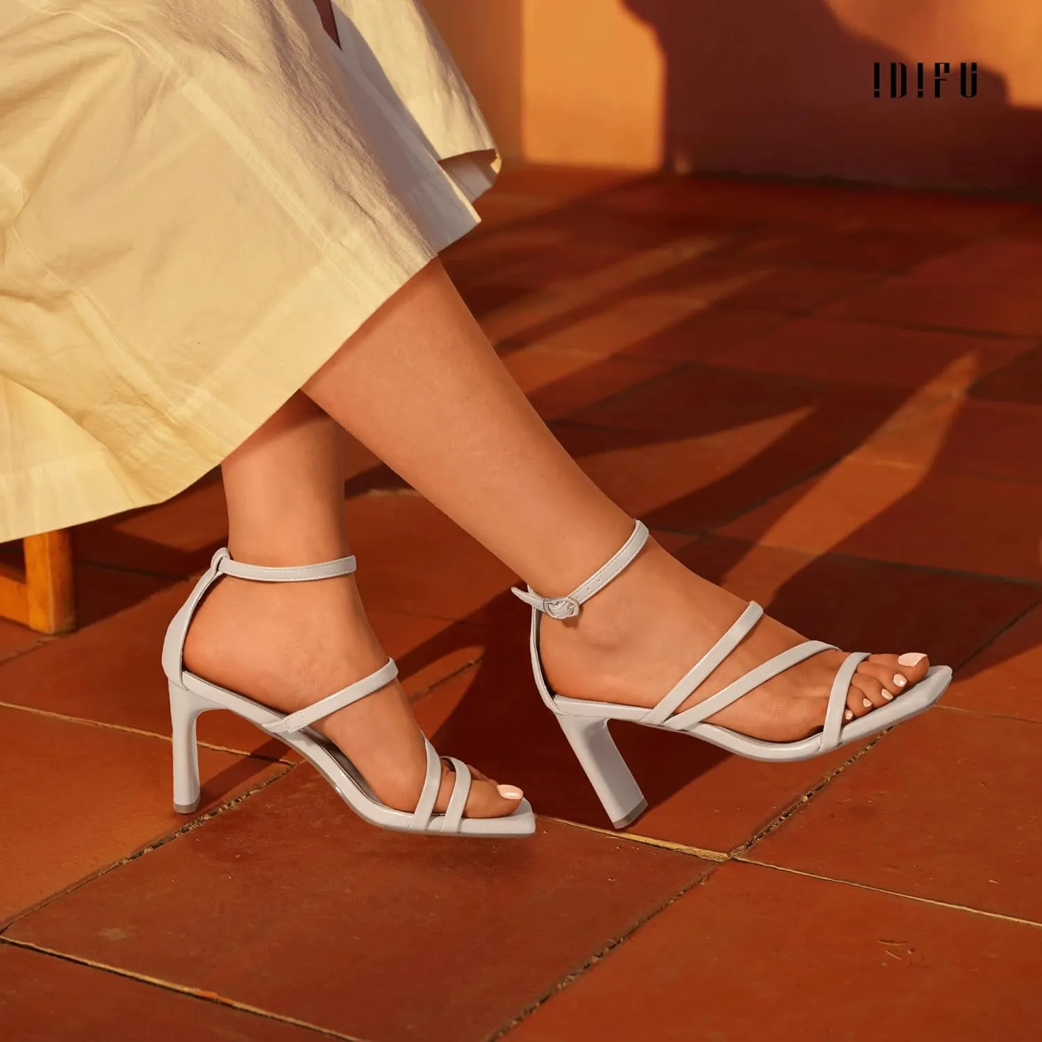 IDIFU IN3 Strappy Heels for Women Low Chunky Block Square Open Toe Heeled Sandals Wedding Bridal Bride Prom Party Dress Shoes Comfortable Dressy Formal Cute Ankle Strap Thick Heels