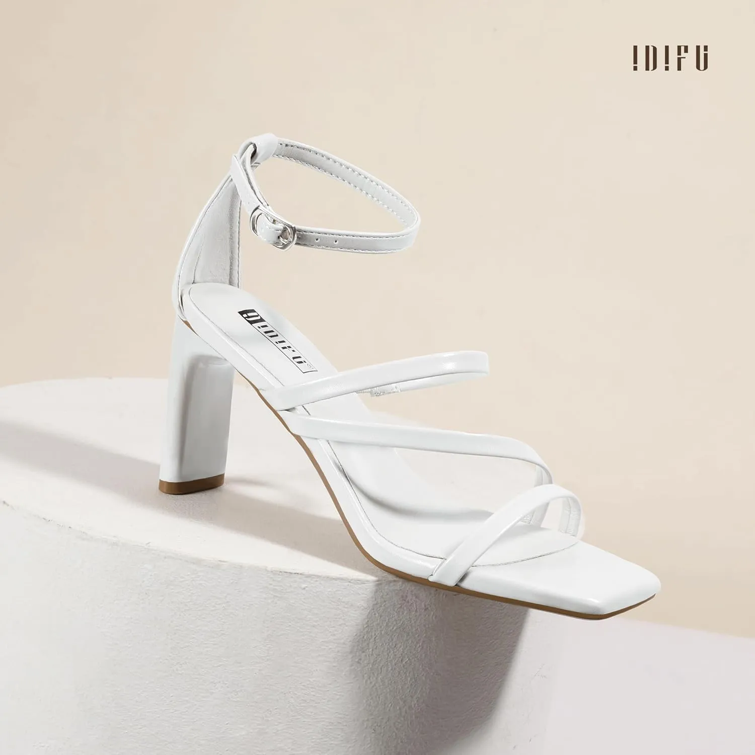 IDIFU IN3 Strappy Heels for Women Low Chunky Block Square Open Toe Heeled Sandals Wedding Bridal Bride Prom Party Dress Shoes Comfortable Dressy Formal Cute Ankle Strap Thick Heels