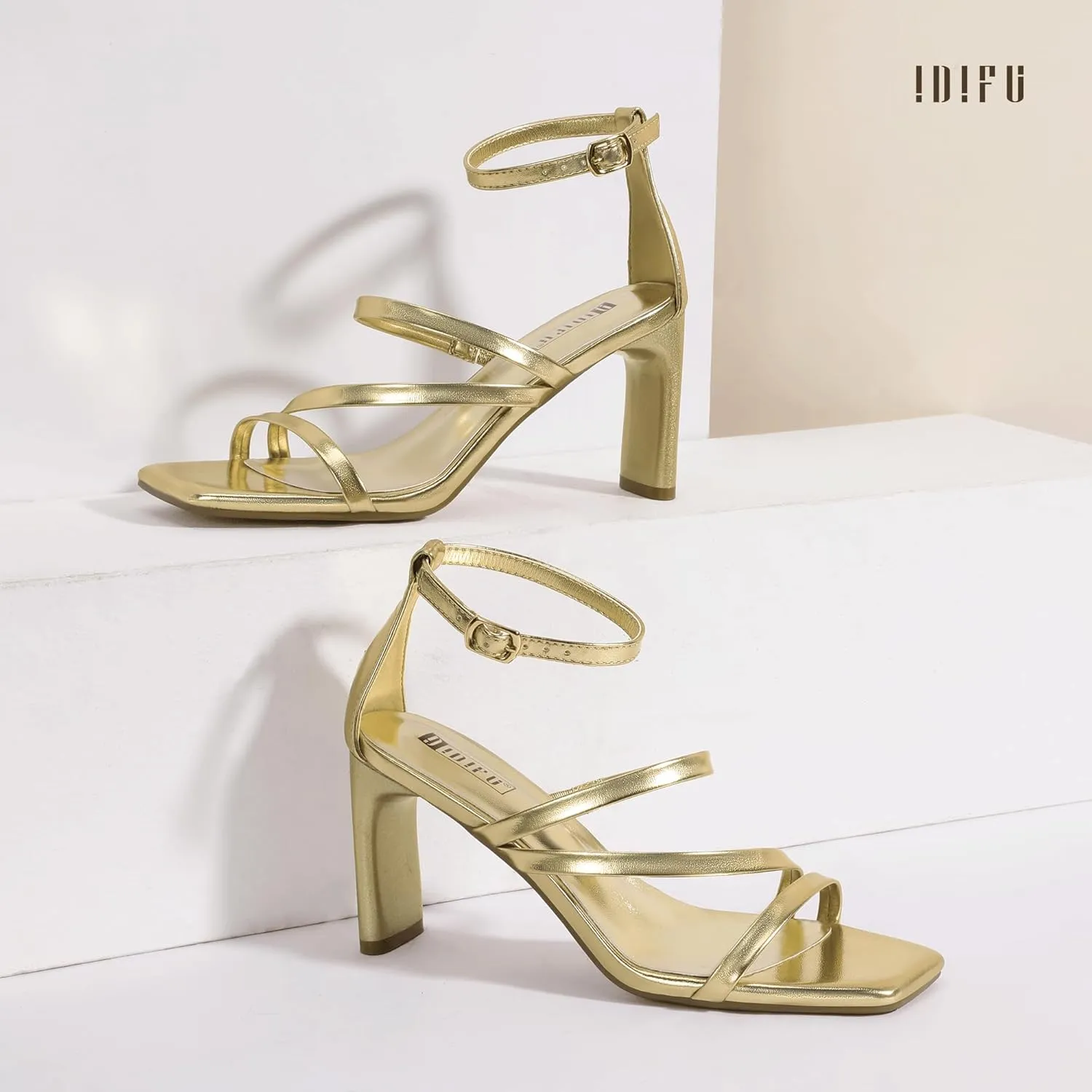 IDIFU IN3 Strappy Heels for Women Low Chunky Block Square Open Toe Heeled Sandals Wedding Bridal Bride Prom Party Dress Shoes Comfortable Dressy Formal Cute Ankle Strap Thick Heels