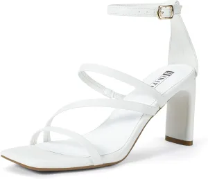 IDIFU IN3 Strappy Heels for Women Low Chunky Block Square Open Toe Heeled Sandals Wedding Bridal Bride Prom Party Dress Shoes Comfortable Dressy Formal Cute Ankle Strap Thick Heels