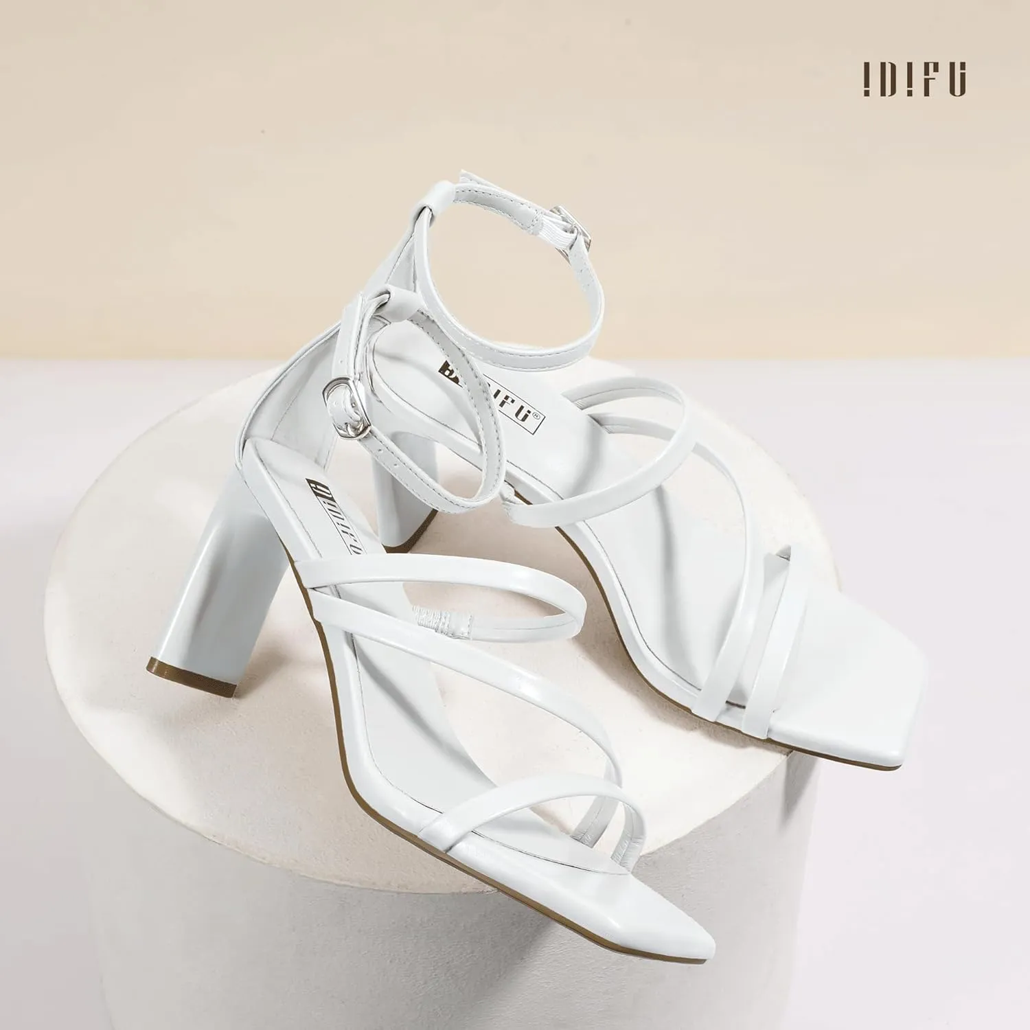 IDIFU IN3 Strappy Heels for Women Low Chunky Block Square Open Toe Heeled Sandals Wedding Bridal Bride Prom Party Dress Shoes Comfortable Dressy Formal Cute Ankle Strap Thick Heels