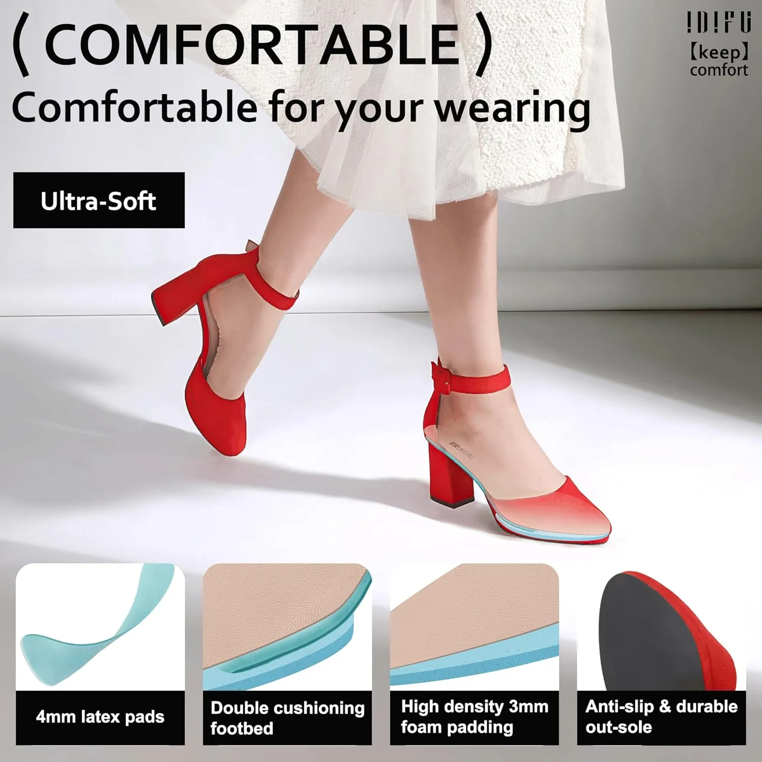 IDIFU IN3 Women's Chunky Block Heels Dress Shoes for Women - Dressy Wedding Bridal Prom Shoes - Pointed Toe Ankle Strap Comfortable Short Thick Heels