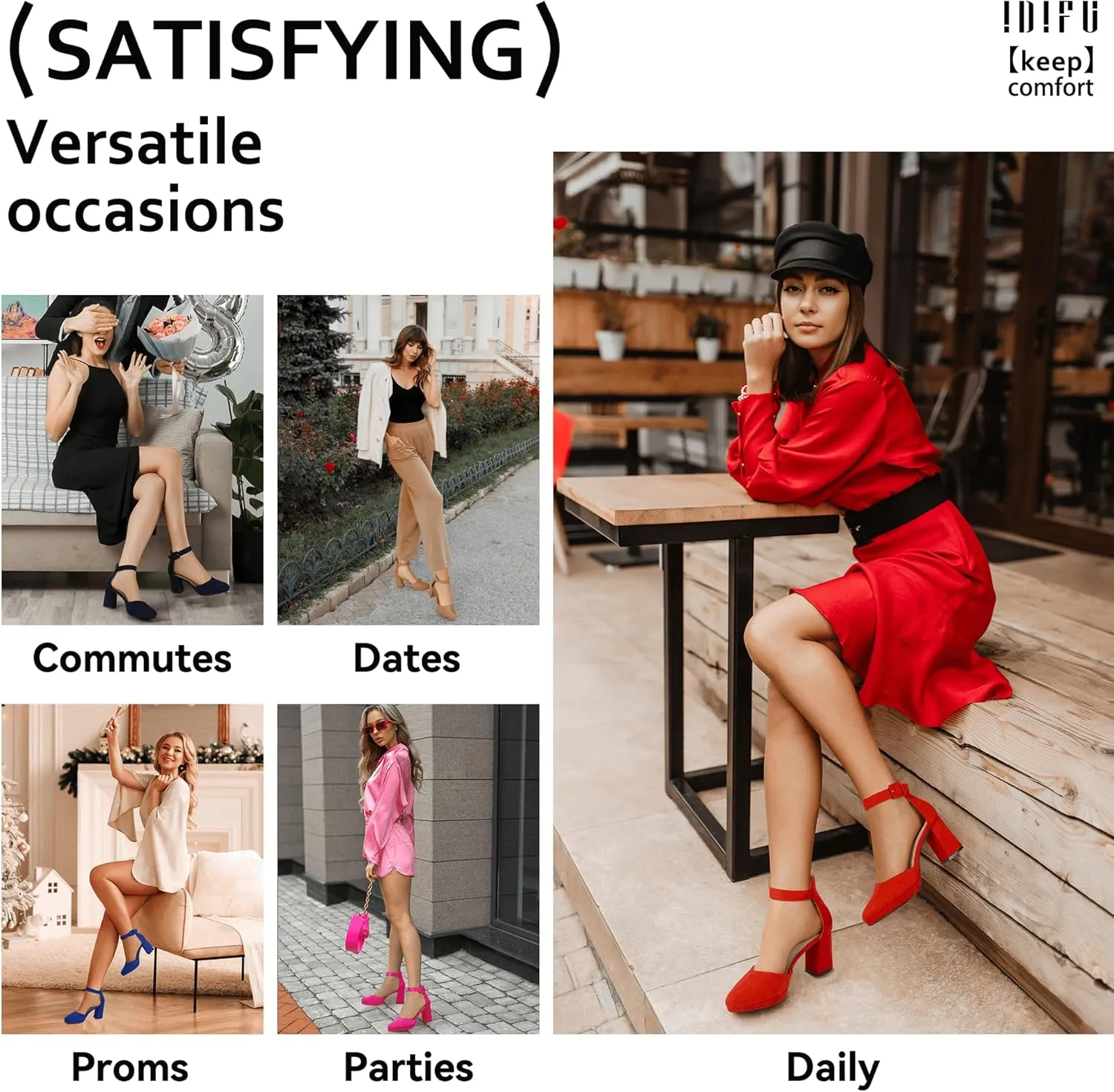 IDIFU IN3 Women's Chunky Block Heels Dress Shoes for Women - Dressy Wedding Bridal Prom Shoes - Pointed Toe Ankle Strap Comfortable Short Thick Heels