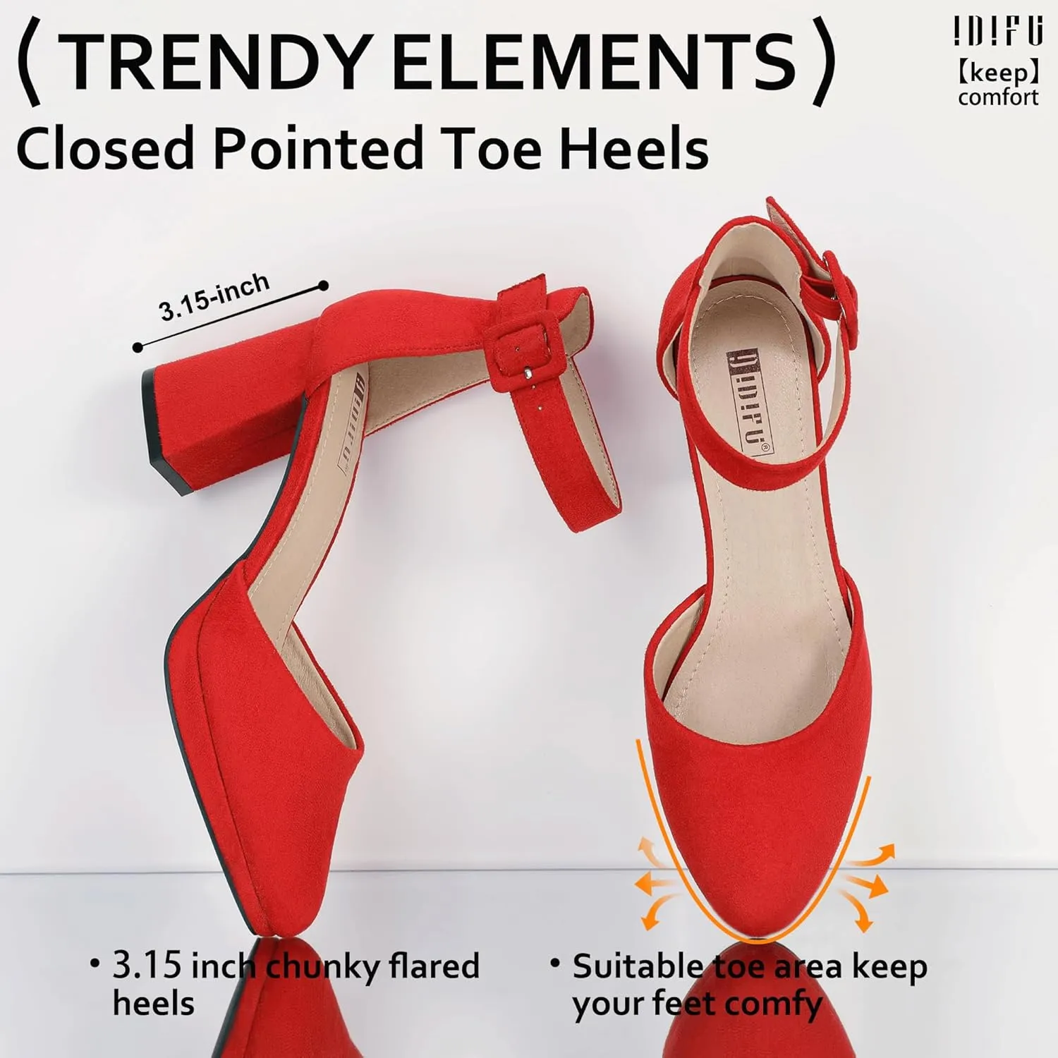 IDIFU IN3 Women's Chunky Block Heels Dress Shoes for Women - Dressy Wedding Bridal Prom Shoes - Pointed Toe Ankle Strap Comfortable Short Thick Heels
