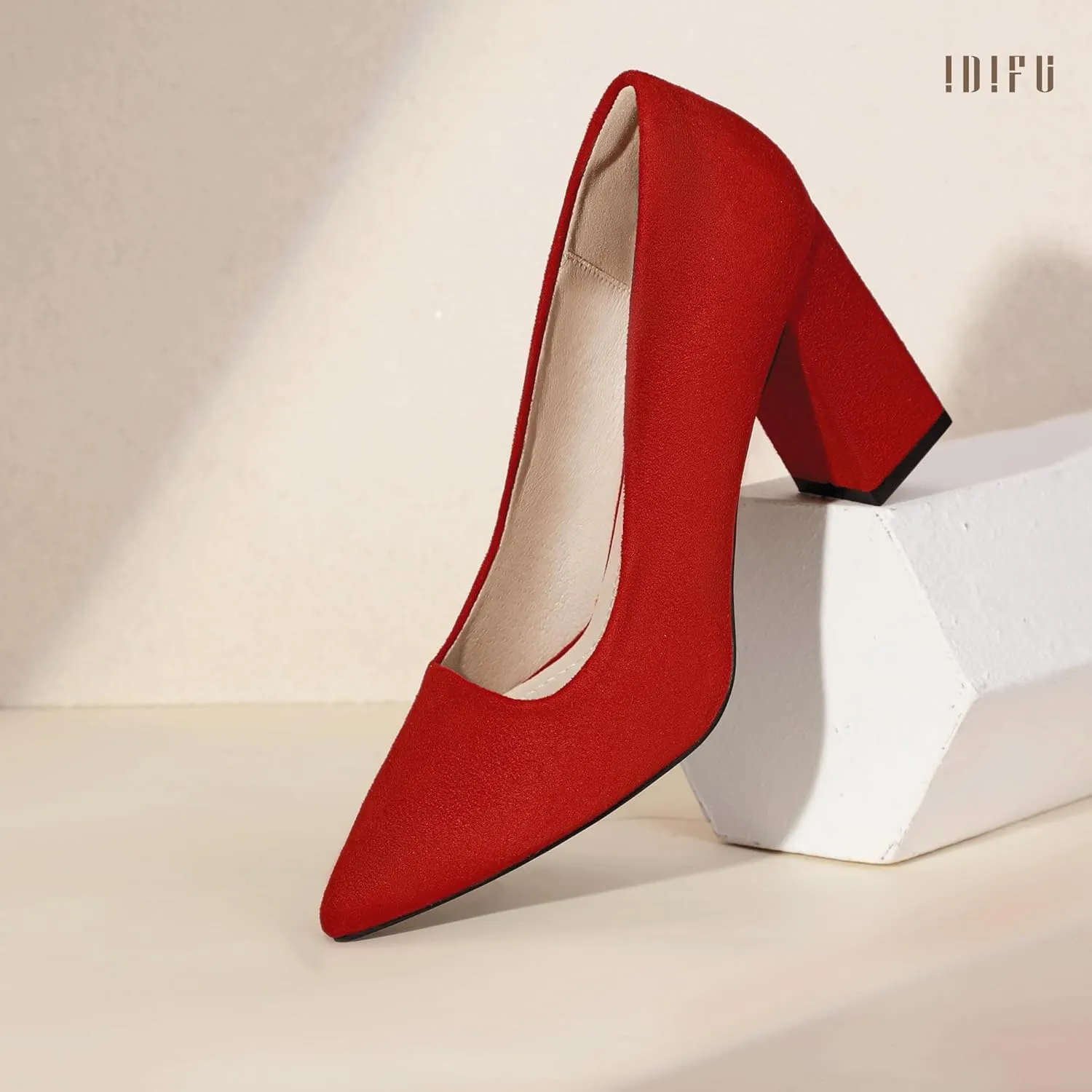 IDIFU IN3 Women's Chunky Block Heels - Pointed Toe Dress Shoes for Women - Dressy Wedding Bride Bridal Prom Work Office Comfortable Thick Heels Pumps Shoes