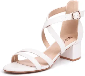 IDIFU Women's Block Low Chunky Heel Strappy Sandals Open Toe Ankle Strap Dress Wedding Evening Shoe for Women Bridal