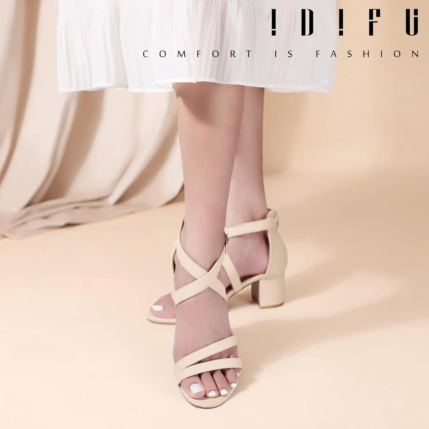 IDIFU Women's Block Low Chunky Heel Strappy Sandals Open Toe Ankle Strap Dress Wedding Evening Shoe for Women Bridal