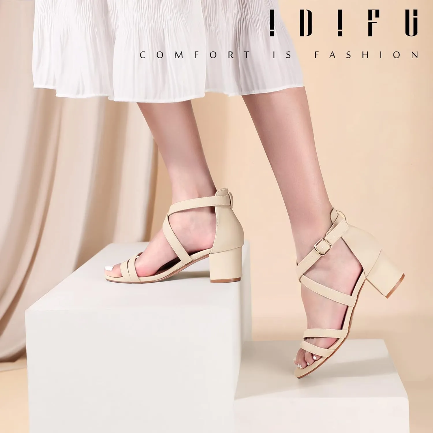IDIFU Women's Block Low Chunky Heel Strappy Sandals Open Toe Ankle Strap Dress Wedding Evening Shoe for Women Bridal