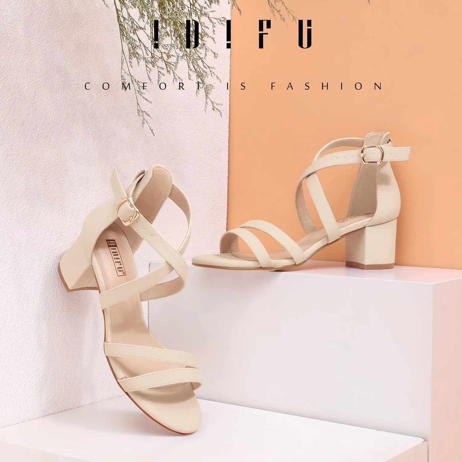 IDIFU Women's Block Low Chunky Heel Strappy Sandals Open Toe Ankle Strap Dress Wedding Evening Shoe for Women Bridal