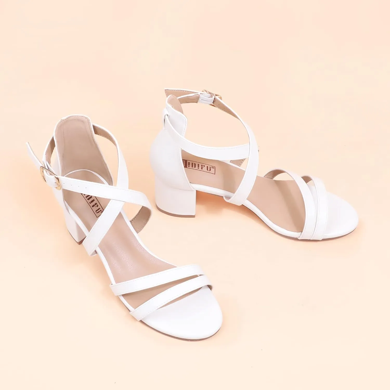 IDIFU Women's Block Low Chunky Heel Strappy Sandals Open Toe Ankle Strap Dress Wedding Evening Shoe for Women Bridal