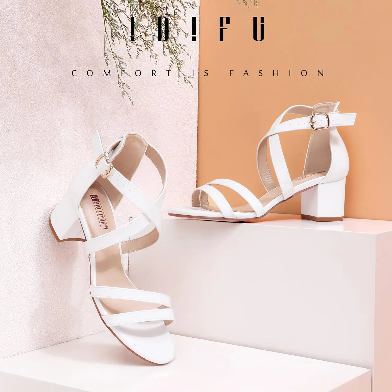 IDIFU Women's Block Low Chunky Heel Strappy Sandals Open Toe Ankle Strap Dress Wedding Evening Shoe for Women Bridal