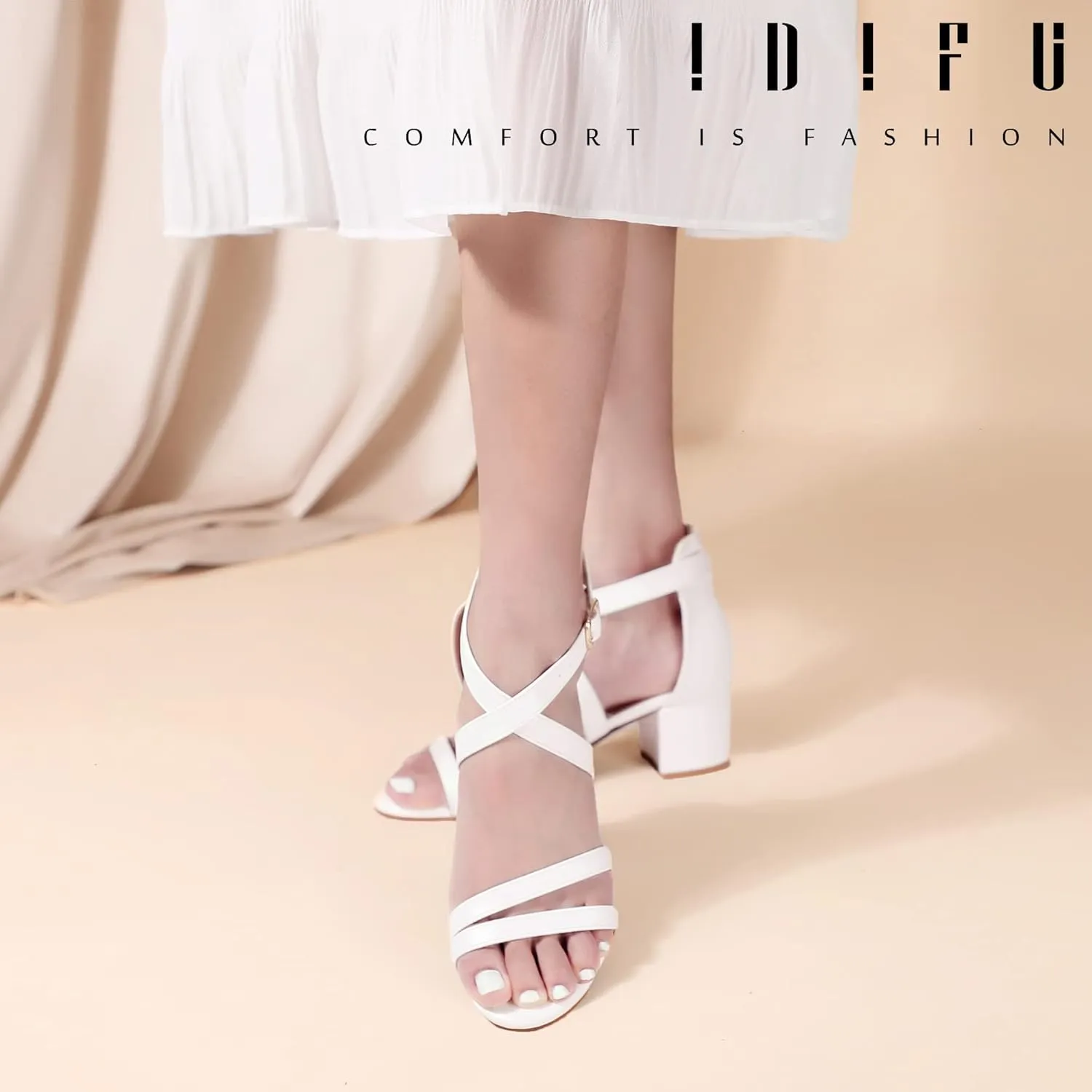 IDIFU Women's Block Low Chunky Heel Strappy Sandals Open Toe Ankle Strap Dress Wedding Evening Shoe for Women Bridal