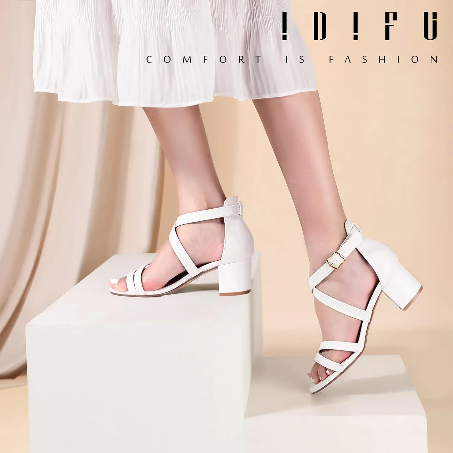 IDIFU Women's Block Low Chunky Heel Strappy Sandals Open Toe Ankle Strap Dress Wedding Evening Shoe for Women Bridal