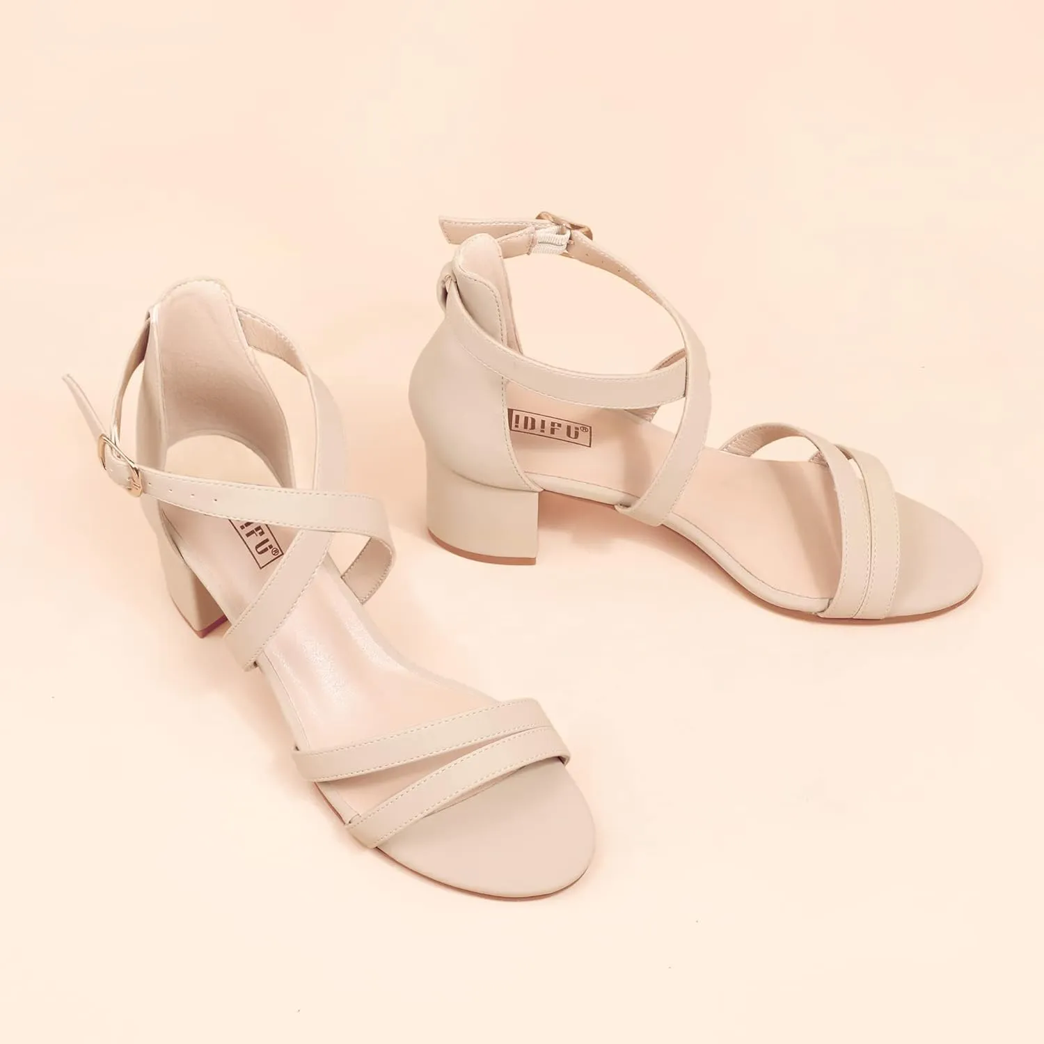 IDIFU Women's Block Low Chunky Heel Strappy Sandals Open Toe Ankle Strap Dress Wedding Evening Shoe for Women Bridal