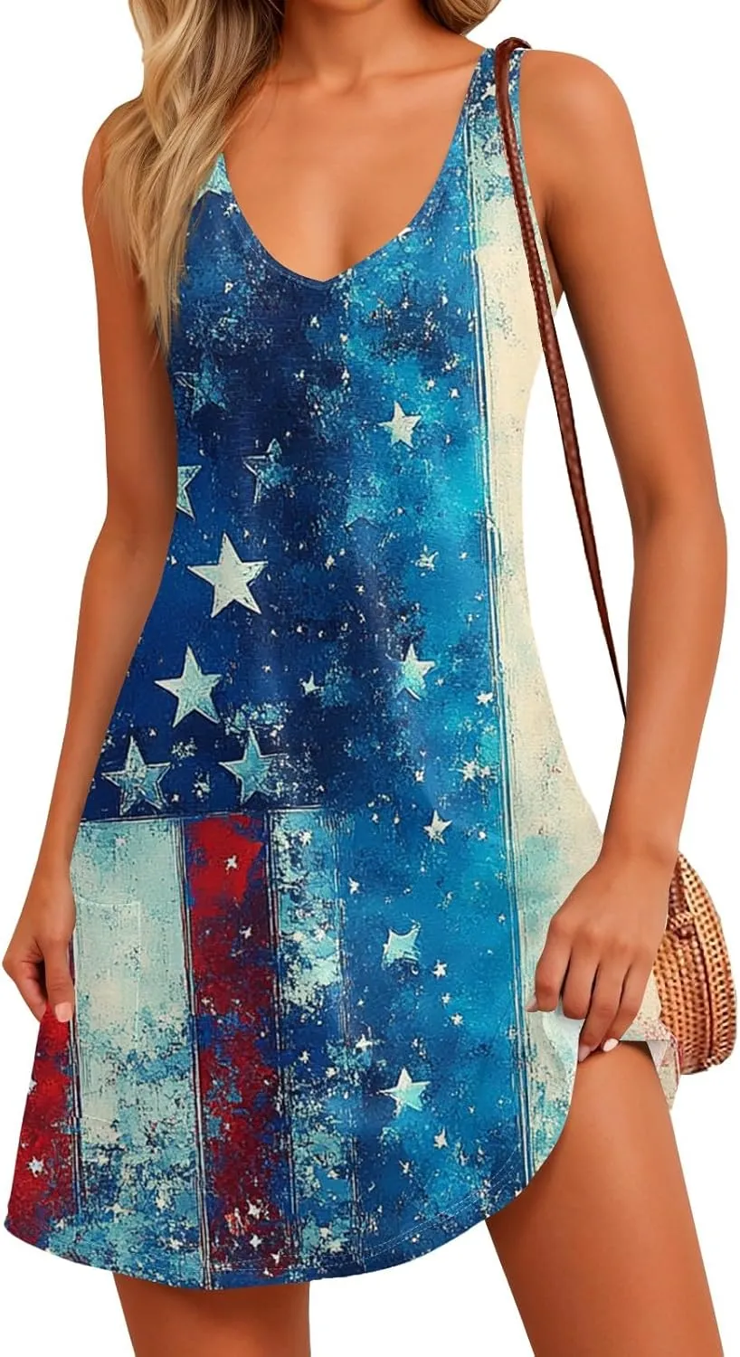 Independence Day Dress for Women Patriotic 4th of July Knee Length Mini Dresses V Neck Spaghetti Strap Sundresses