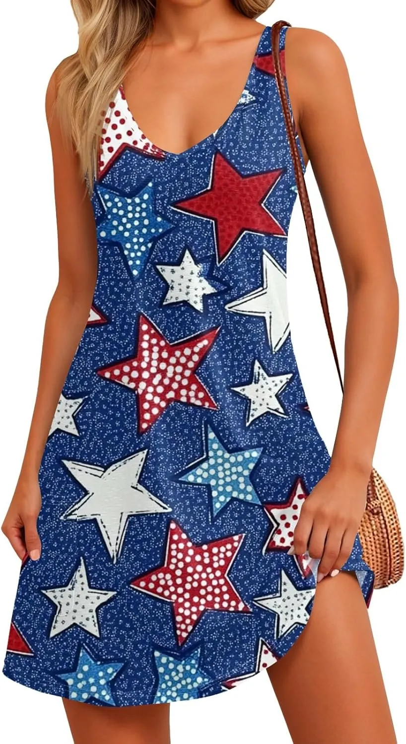 Independence Day Dress for Women Patriotic 4th of July Knee Length Mini Dresses V Neck Spaghetti Strap Sundresses