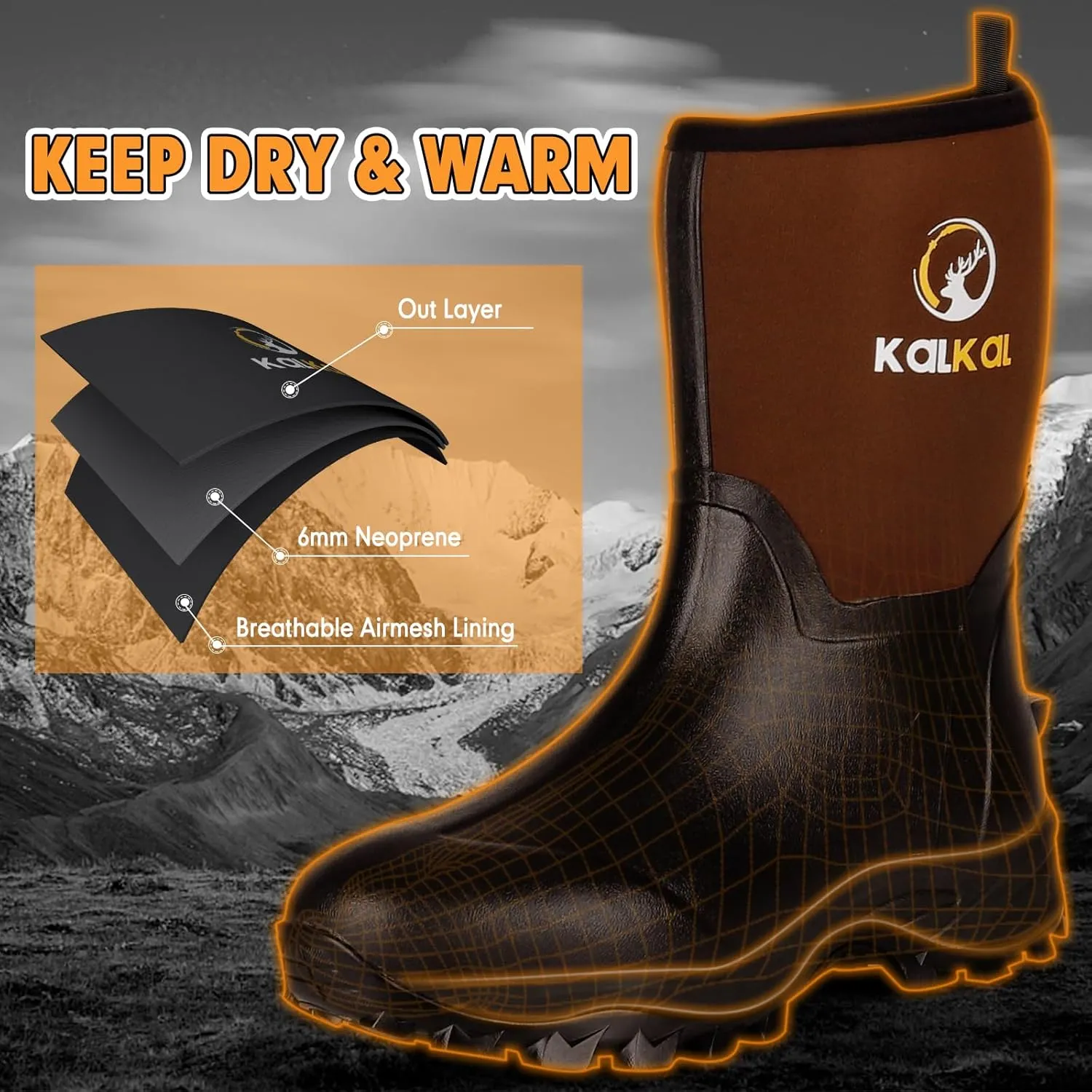 Kalkal Rubber Boots for Men, Waterproof Mid Calf Mens Rubber Rain Boots with 6mm Neoprene, Insulated Work Mud Boots for Men Working Farming Fishing, Size 5-14