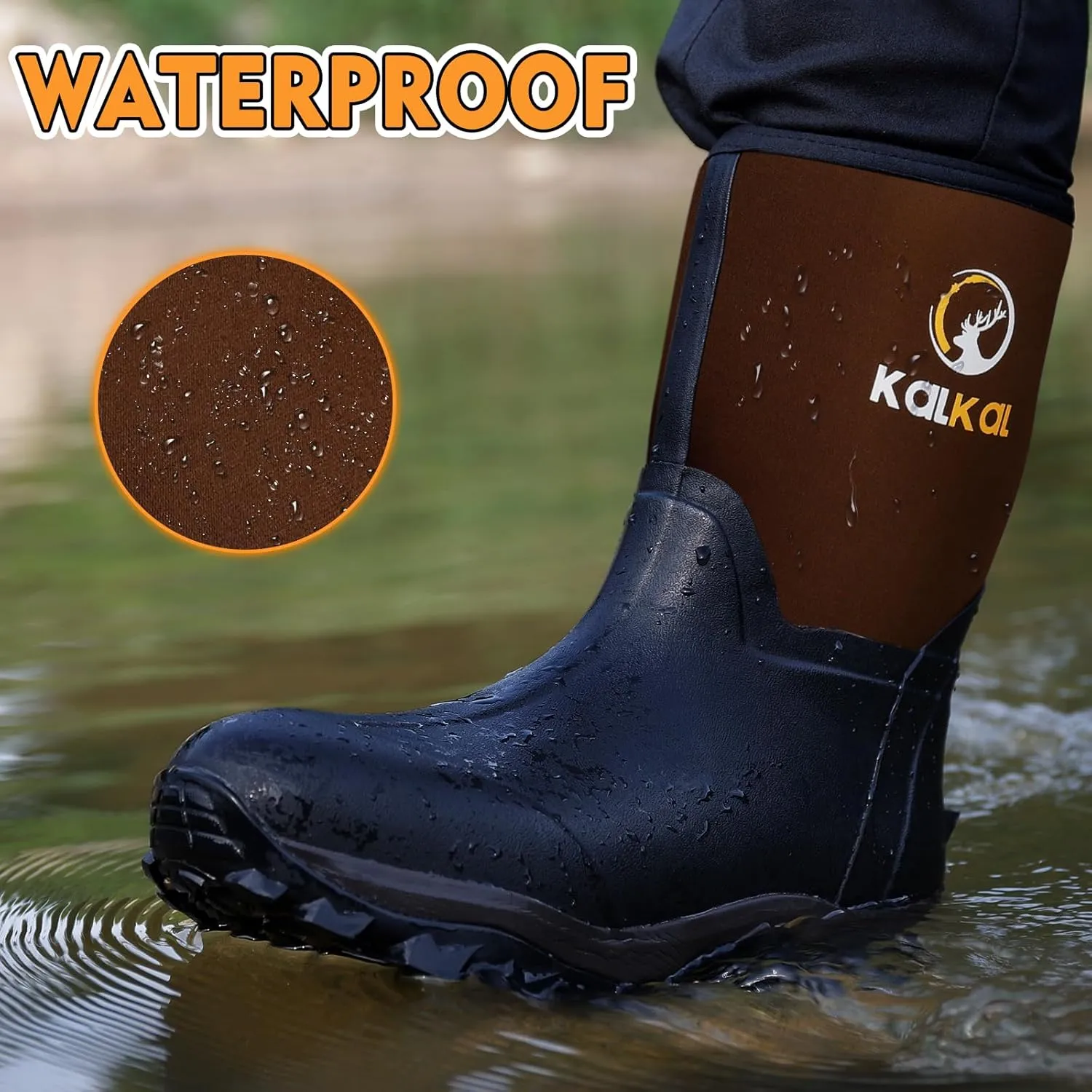 Kalkal Rubber Boots for Men, Waterproof Mid Calf Mens Rubber Rain Boots with 6mm Neoprene, Insulated Work Mud Boots for Men Working Farming Fishing, Size 5-14