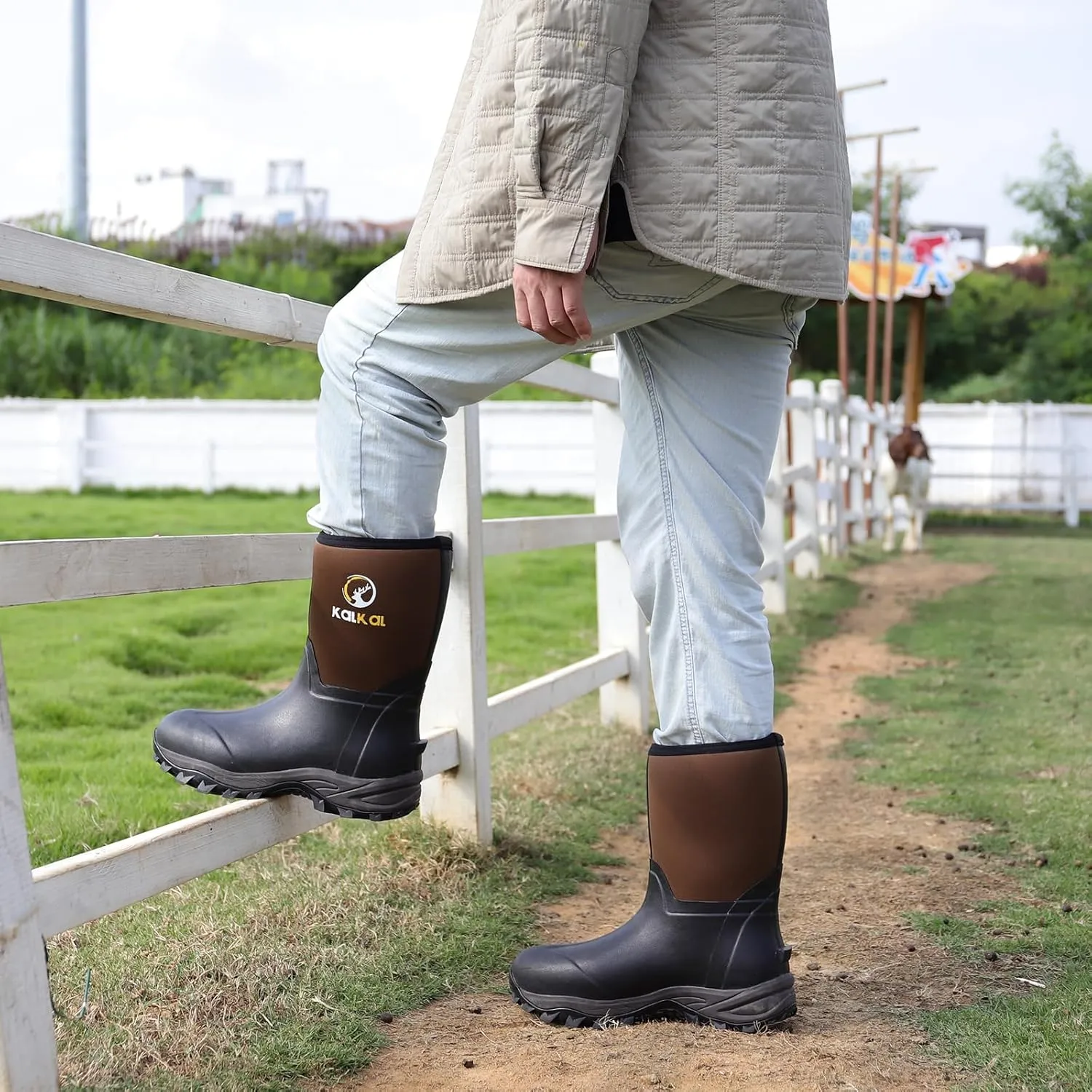 Kalkal Rubber Boots for Men, Waterproof Mid Calf Mens Rubber Rain Boots with 6mm Neoprene, Insulated Work Mud Boots for Men Working Farming Fishing, Size 5-14