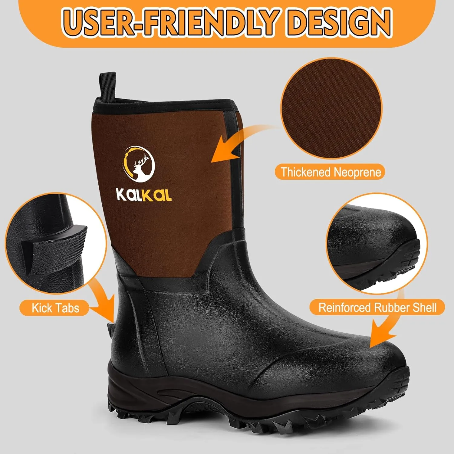 Kalkal Rubber Boots for Men, Waterproof Mid Calf Mens Rubber Rain Boots with 6mm Neoprene, Insulated Work Mud Boots for Men Working Farming Fishing, Size 5-14