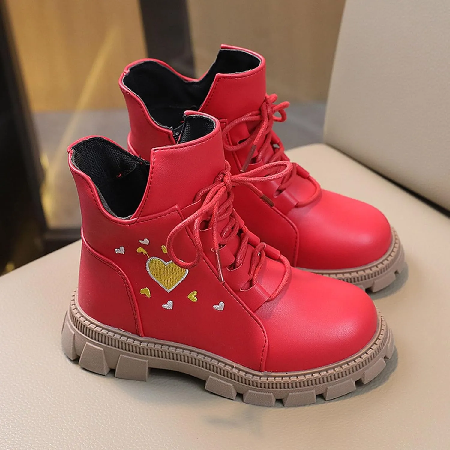 Kids Ankle Boots Girls Boys Low Wedge Heel Booties Fashion Heart Boots Winter Snow Boots Anti-Slip Outdoor Shoes
