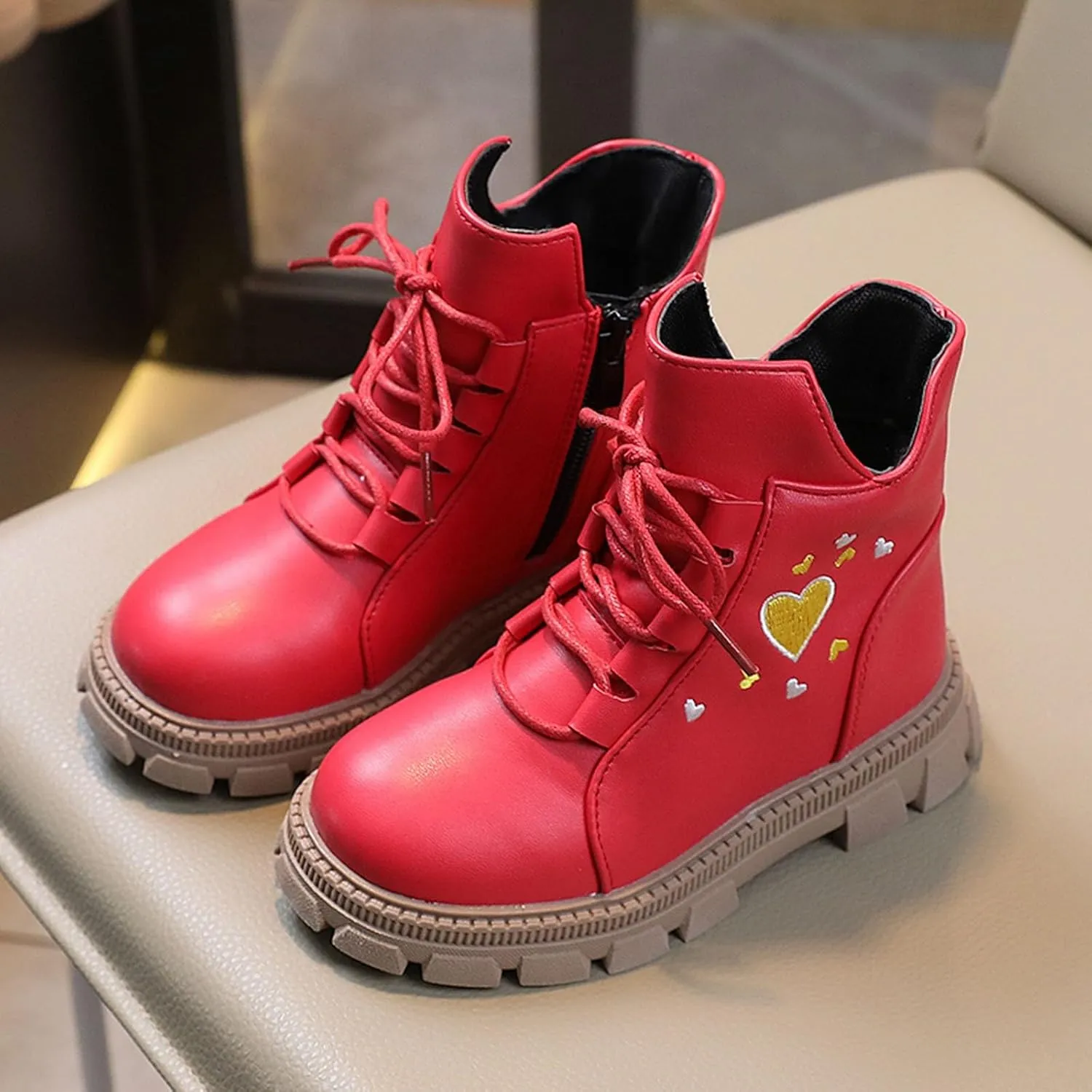 Kids Ankle Boots Girls Boys Low Wedge Heel Booties Fashion Heart Boots Winter Snow Boots Anti-Slip Outdoor Shoes