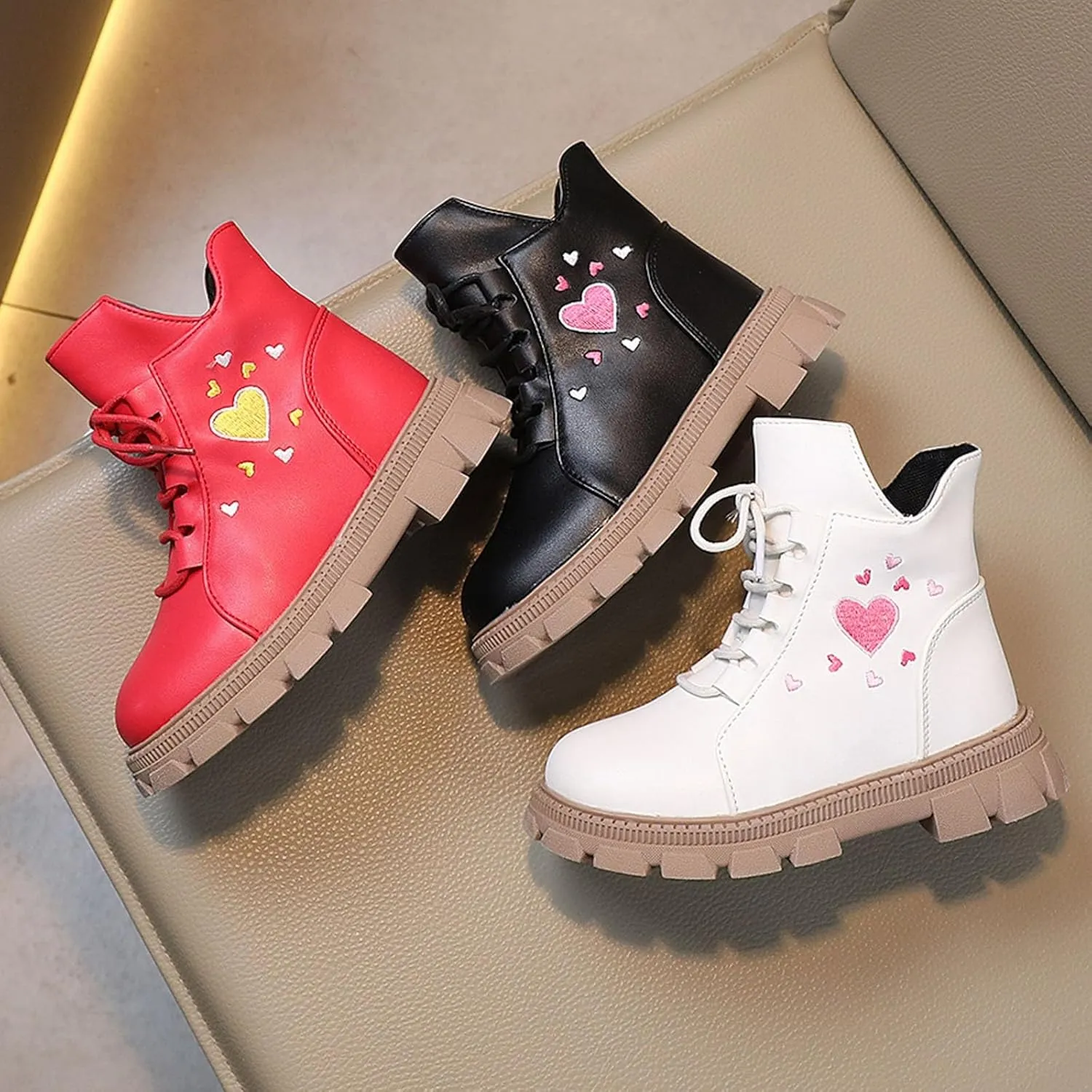 Kids Ankle Boots Girls Boys Low Wedge Heel Booties Fashion Heart Boots Winter Snow Boots Anti-Slip Outdoor Shoes
