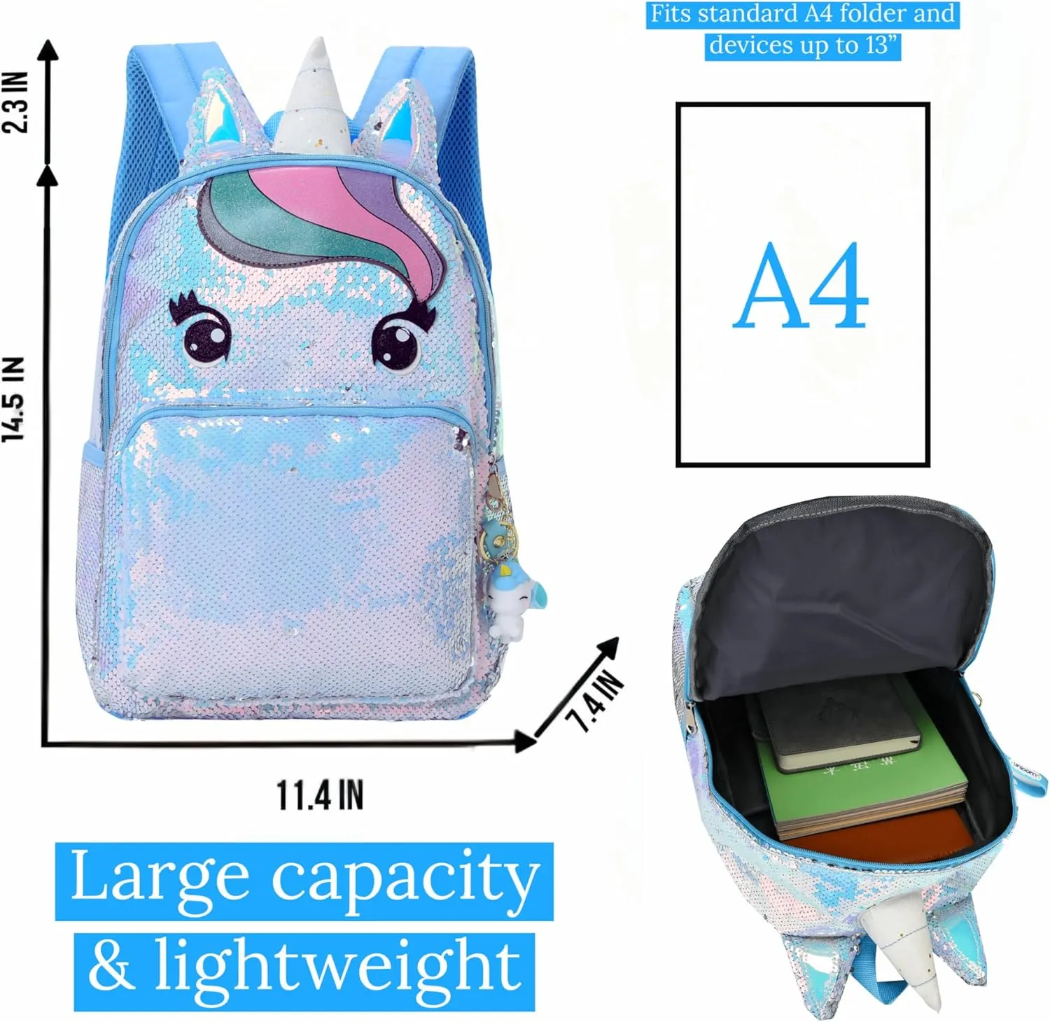 Kids Enchanting Unicorn Flip Sequin Backpack for Little Girls Age 6-8-9-10 Years Old- Sparkling Glitter Fashion Book Bag for School, Travel, Birthday (Blue Unicorn)