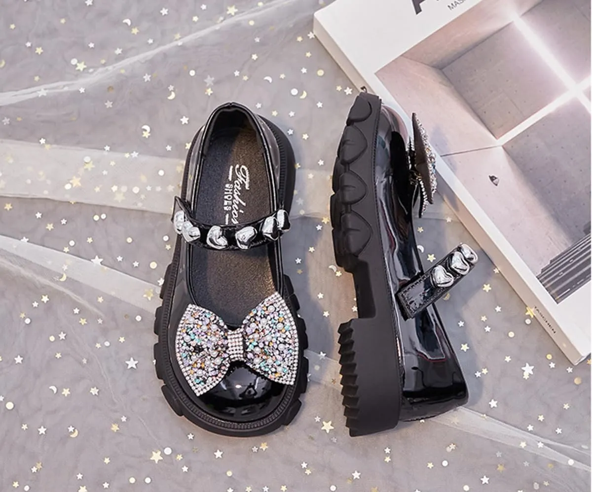 Kids Girls Mary Jane Flats with Bowknot and Rhinestones Dress Shoes for Wedding Party, Champagne, 11 M US Little Kid