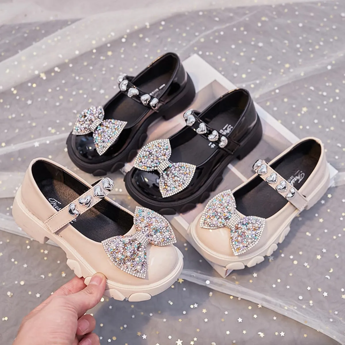 Kids Girls Mary Jane Flats with Bowknot and Rhinestones Dress Shoes for Wedding Party, Champagne, 11 M US Little Kid