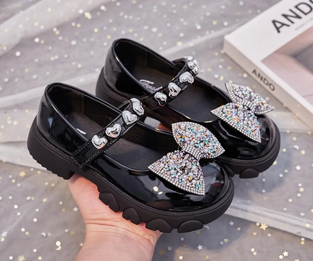 Kids Girls Mary Jane Flats with Bowknot and Rhinestones Dress Shoes for Wedding Party, Champagne, 11 M US Little Kid