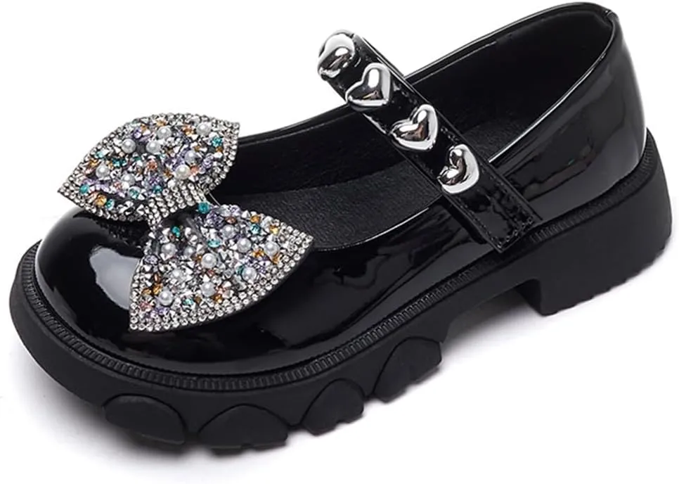 Kids Girls Mary Jane Flats with Bowknot and Rhinestones Dress Shoes for Wedding Party, Champagne, 11 M US Little Kid