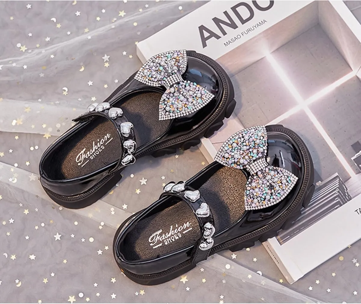 Kids Girls Mary Jane Flats with Bowknot and Rhinestones Dress Shoes for Wedding Party, Champagne, 11 M US Little Kid