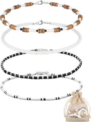 Kigeli 4 Pieces Puka Shell Necklace for Men, Surfer Choker Seashell Hawaiian Necklace Beach Chokers with Gift Bag