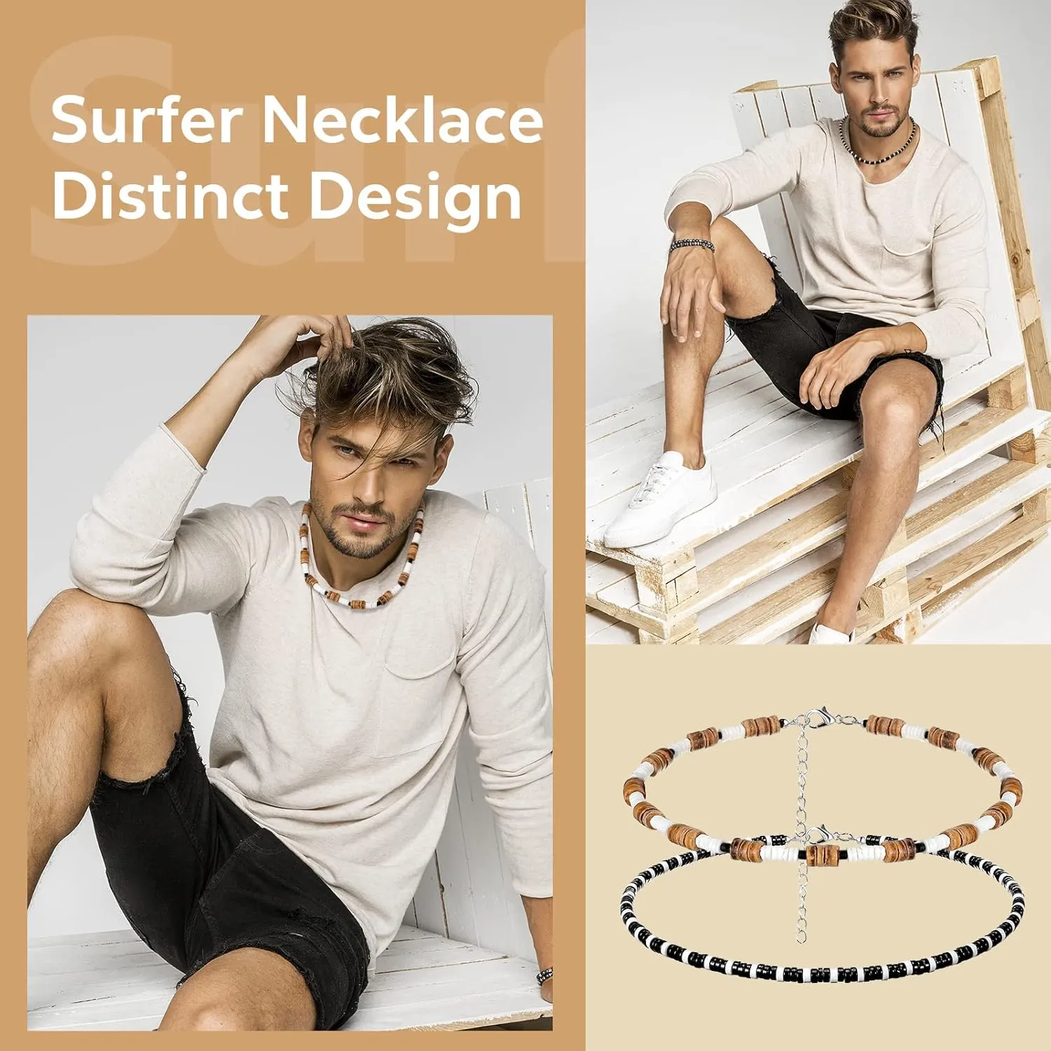 Kigeli 4 Pieces Puka Shell Necklace for Men, Surfer Choker Seashell Hawaiian Necklace Beach Chokers with Gift Bag