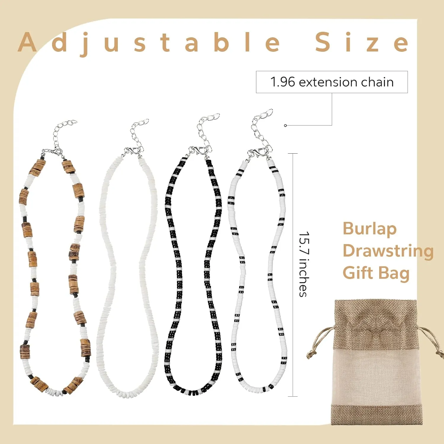 Kigeli 4 Pieces Puka Shell Necklace for Men, Surfer Choker Seashell Hawaiian Necklace Beach Chokers with Gift Bag