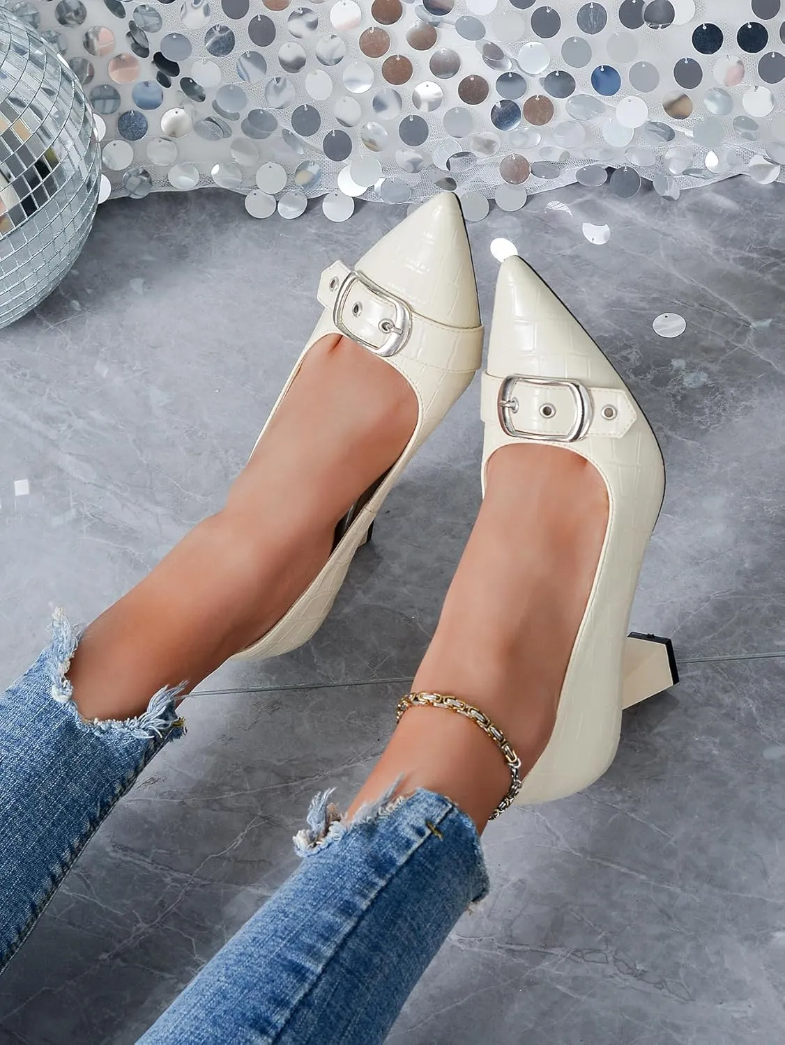 Kitten Heels for Women 3-Inch Closed Toe Pumps Dress Shoes Pointed Toe Buckle Strap Trendy Sexy Heels Comfortable Slip On Pumps Heels for Work Party Wedding